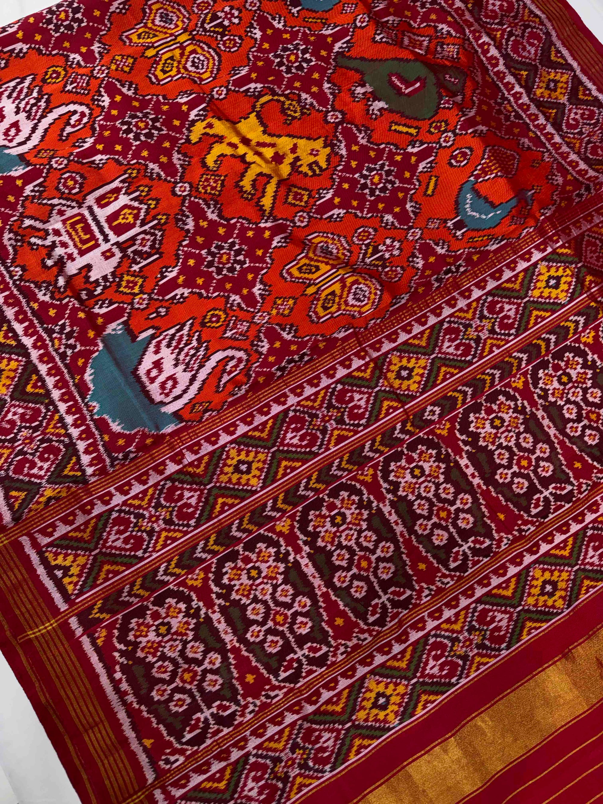 Orange With Red Chabdi Bhat Hand Woven Rajkot Ikat Patola Silk Saree