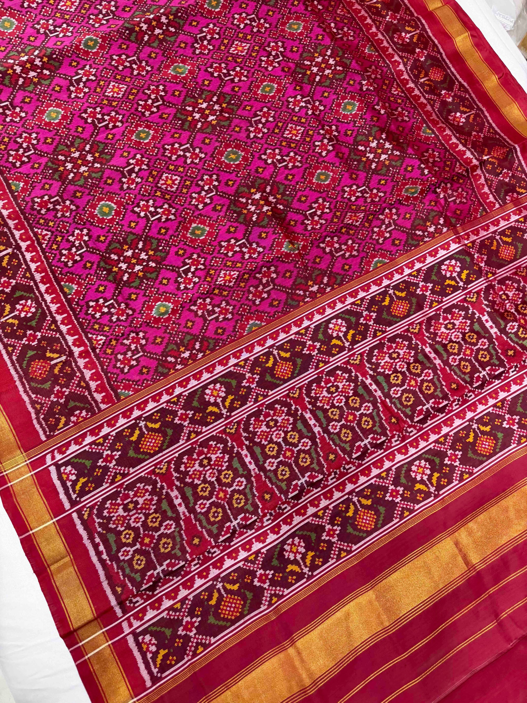 Pink With Maroon Navratan Hand Woven Rajkot Patola Silk Saree