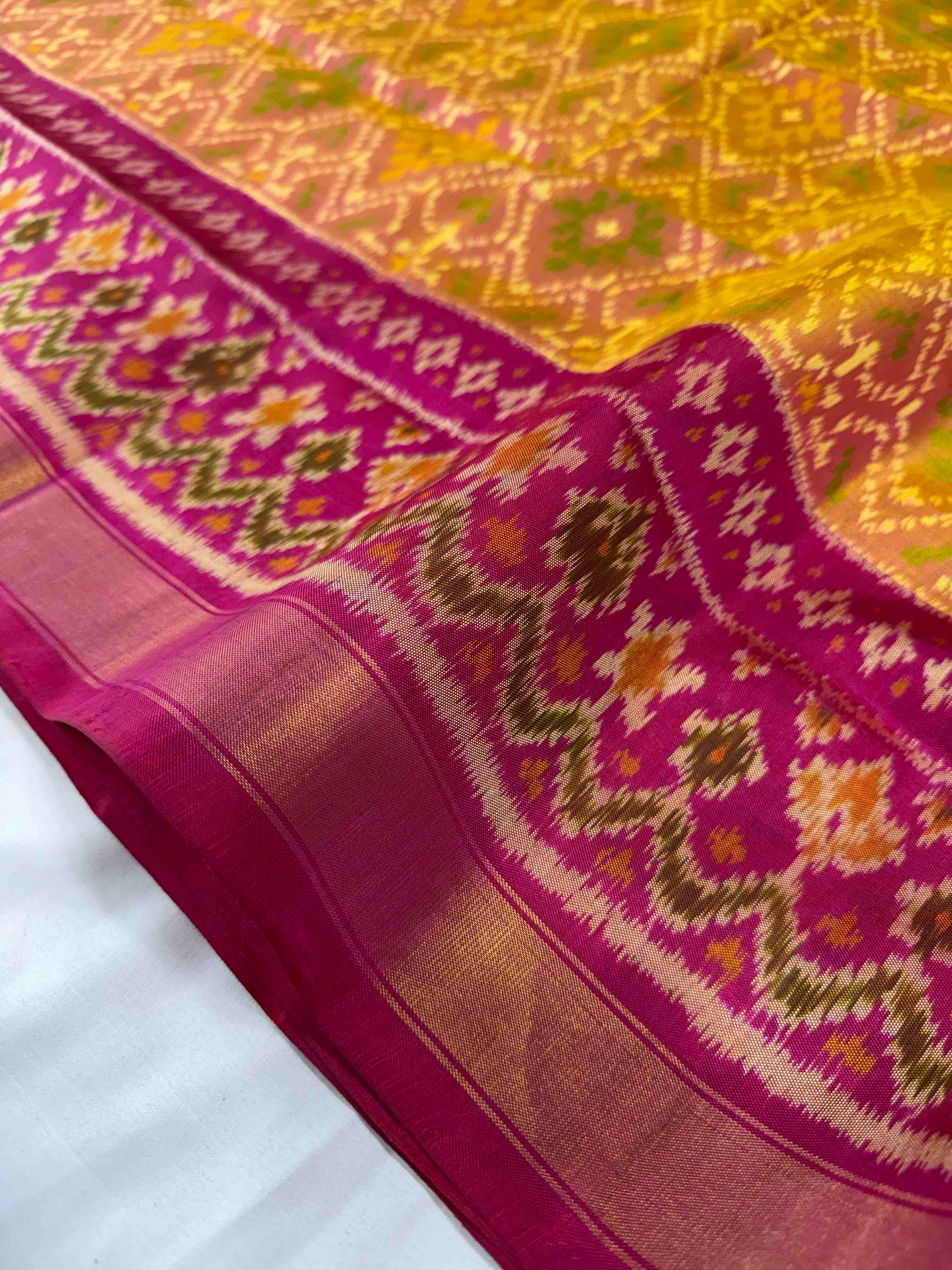 Yellow With Pink Hand Woven Rajkot Patola Silk Saree