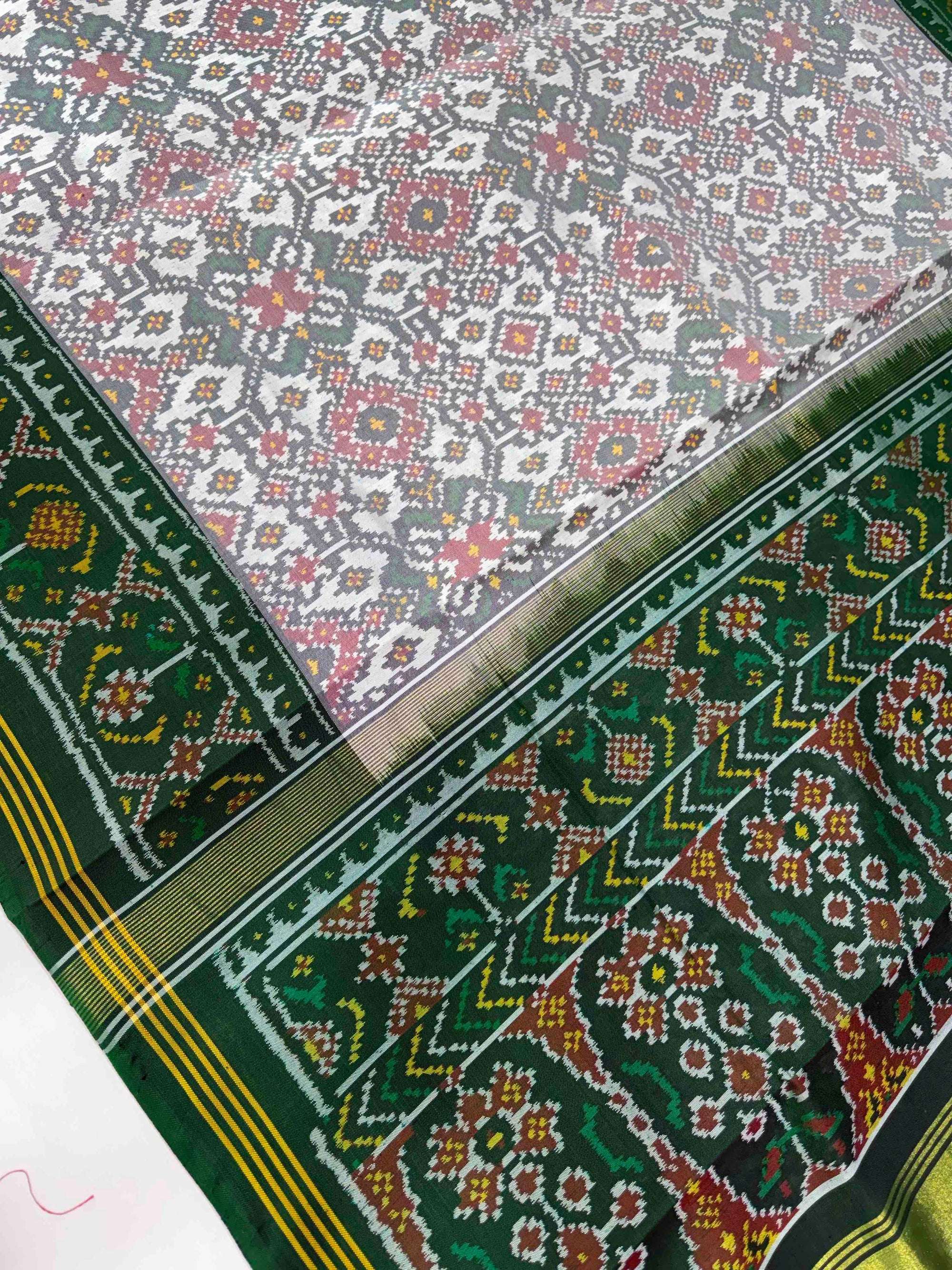White & Green Hand Woven Rajkot Ikat Patola Silk Saree