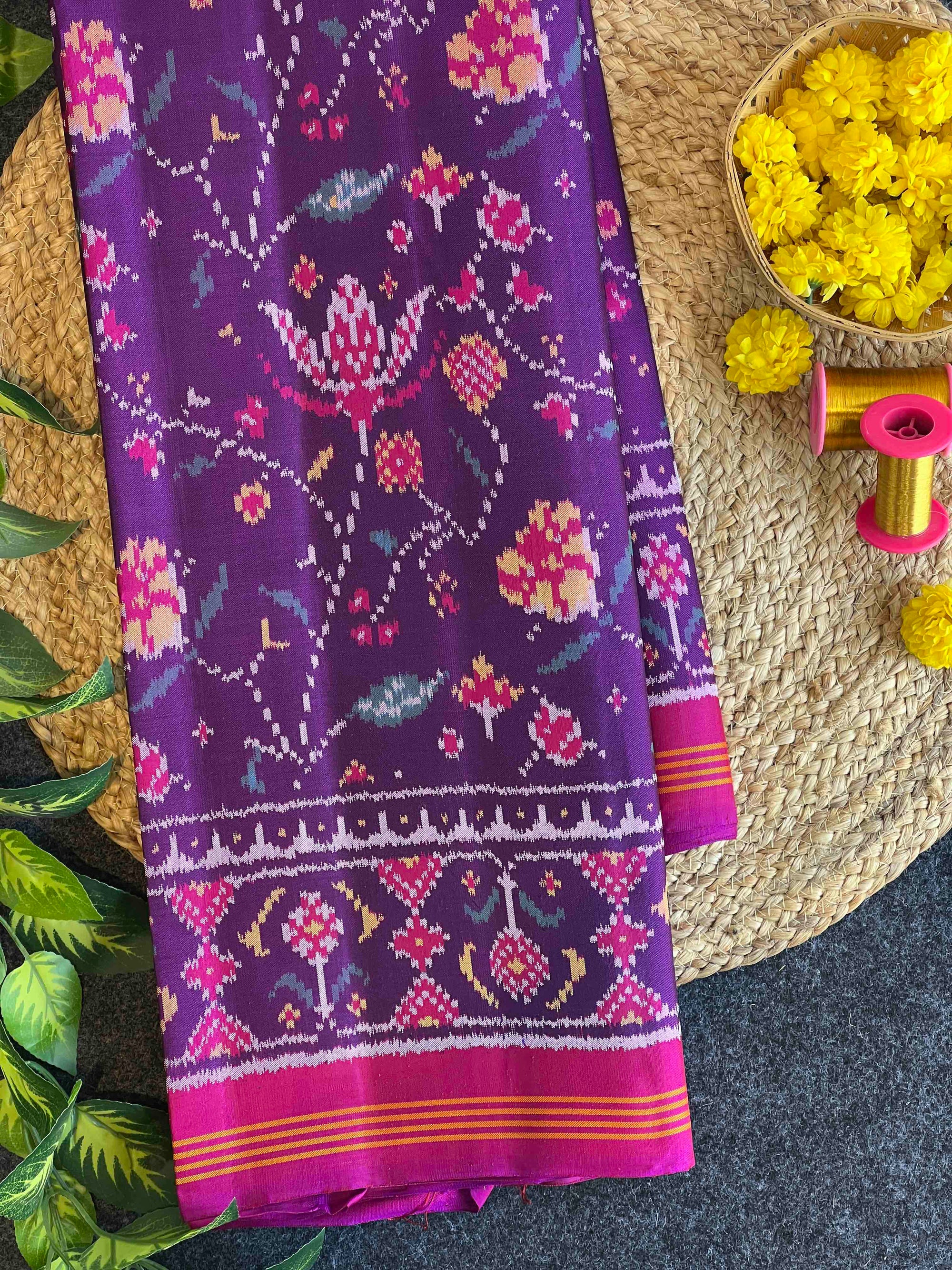 Full Purple Flowers Design Hand Woven Ikat Patola Silk Saree