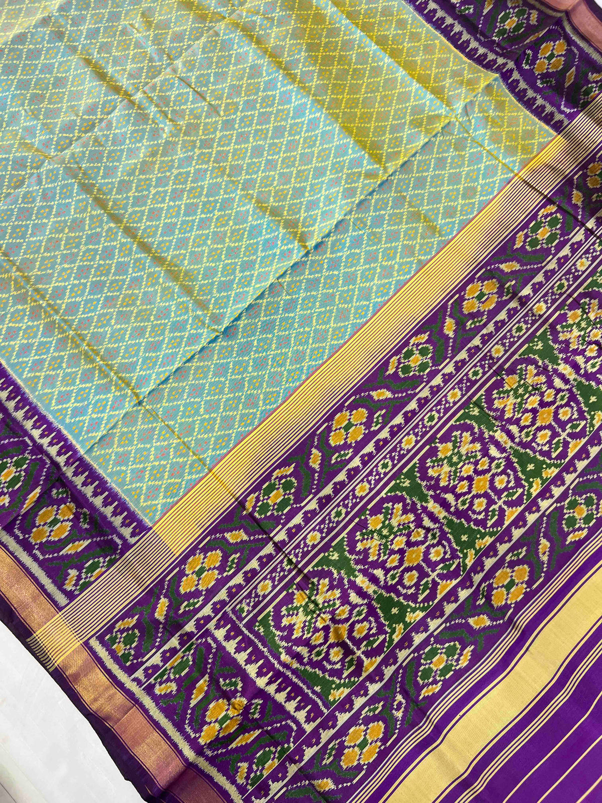 Sky Blue With Purple Hand Woven Rajkot Patola Silk Saree
