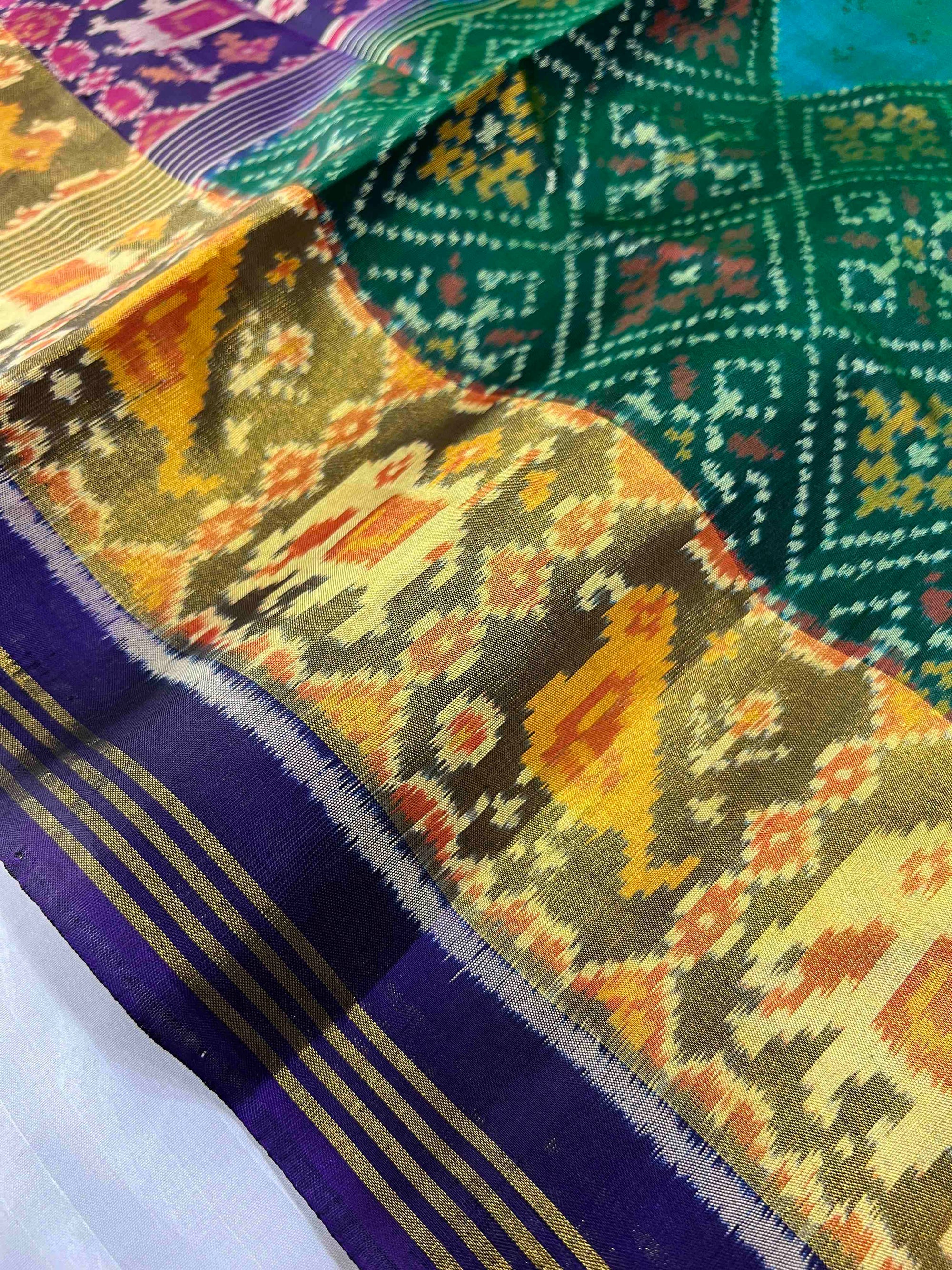 Sky Blue , Green And Purple Skirt Border Hand Woven Rajkot Patola Silk Saree
