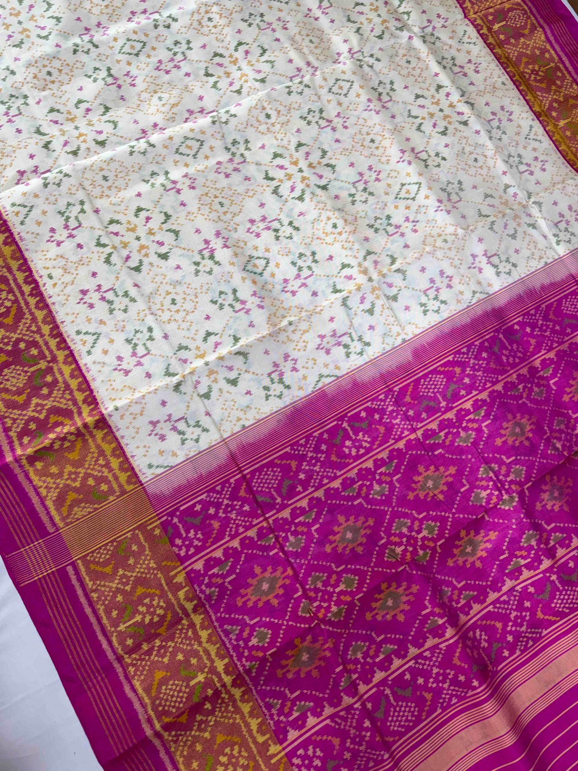 Pink & White Navratan Hand Woven Rajkot Patola Silk Saree