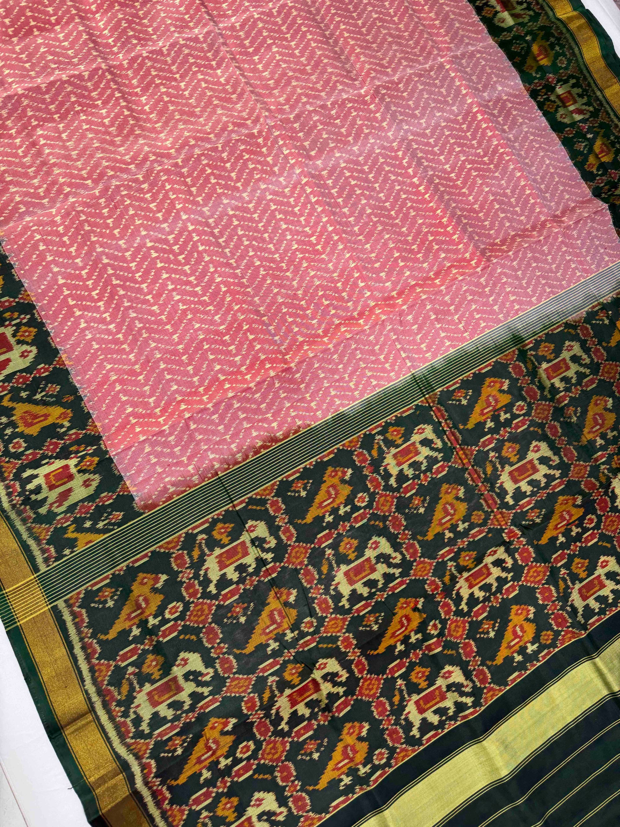 Light Pink & Green Hand Woven Rajkot Patola Silk Saree