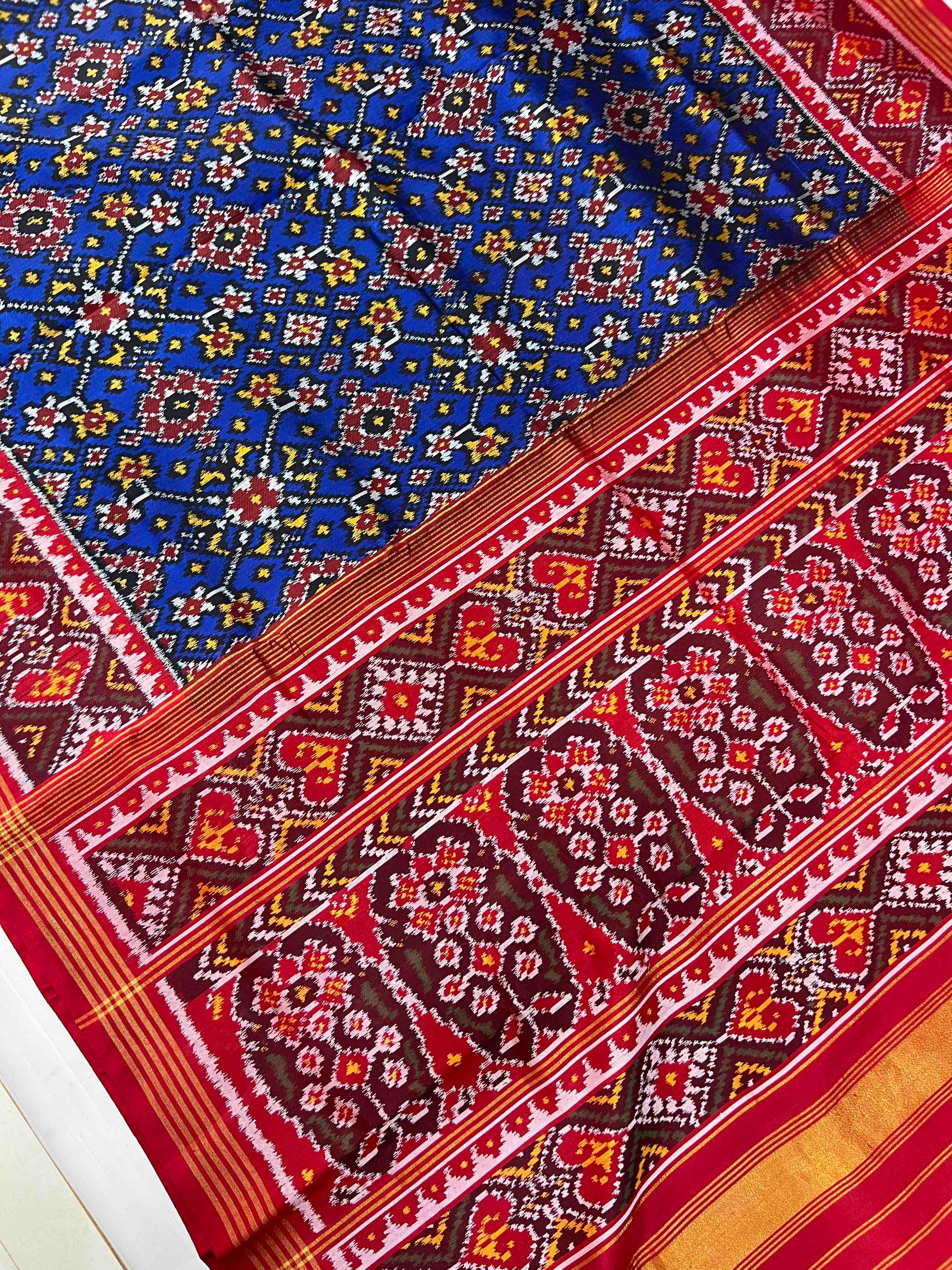 Blue & Red Navratan Design Hand Woven Rajkot Ikat Patola Silk Saree