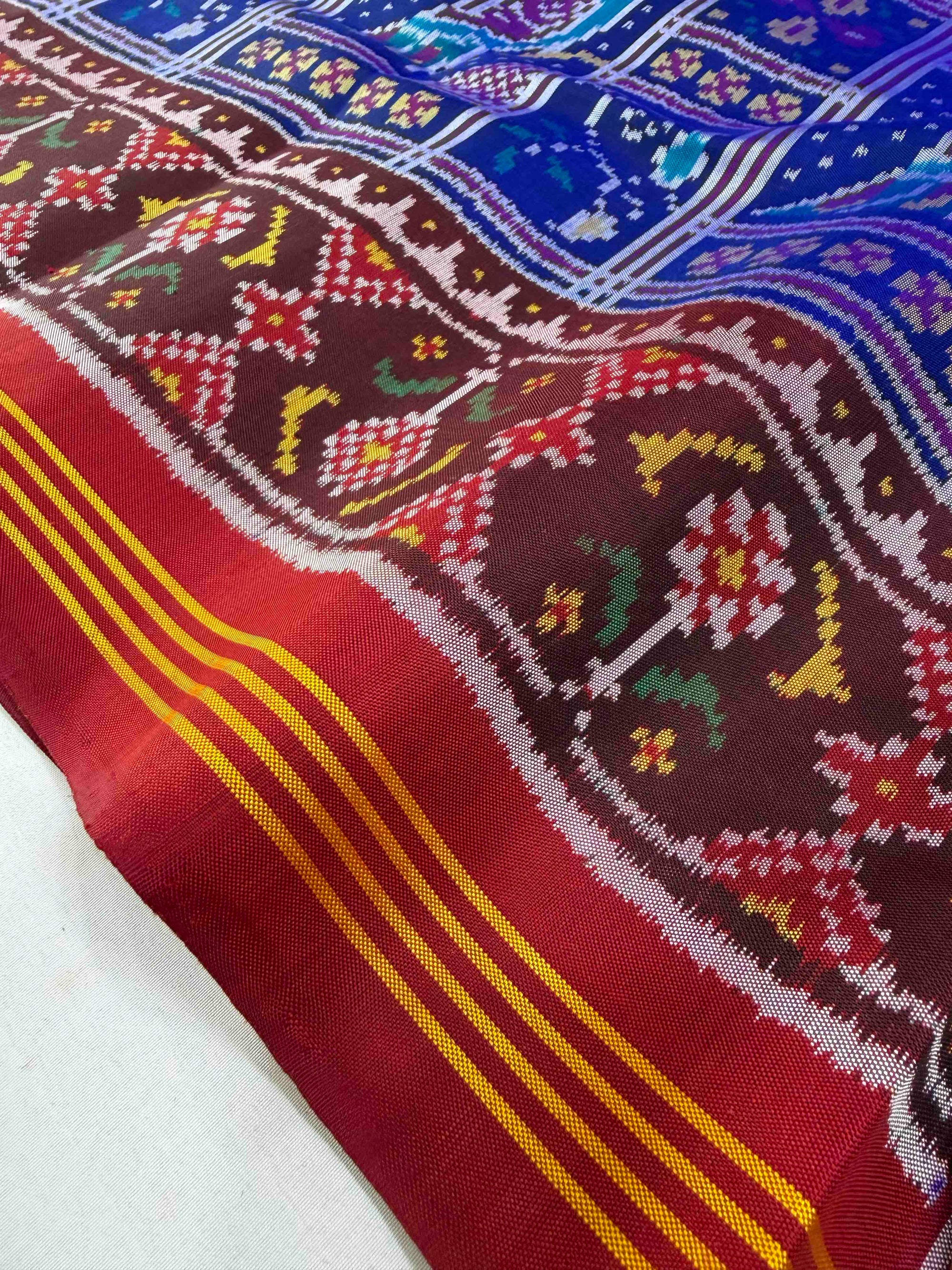 Exclusive Peacock Motifs Design Hand Woven Rajkot Ikat Patola Silk Saree