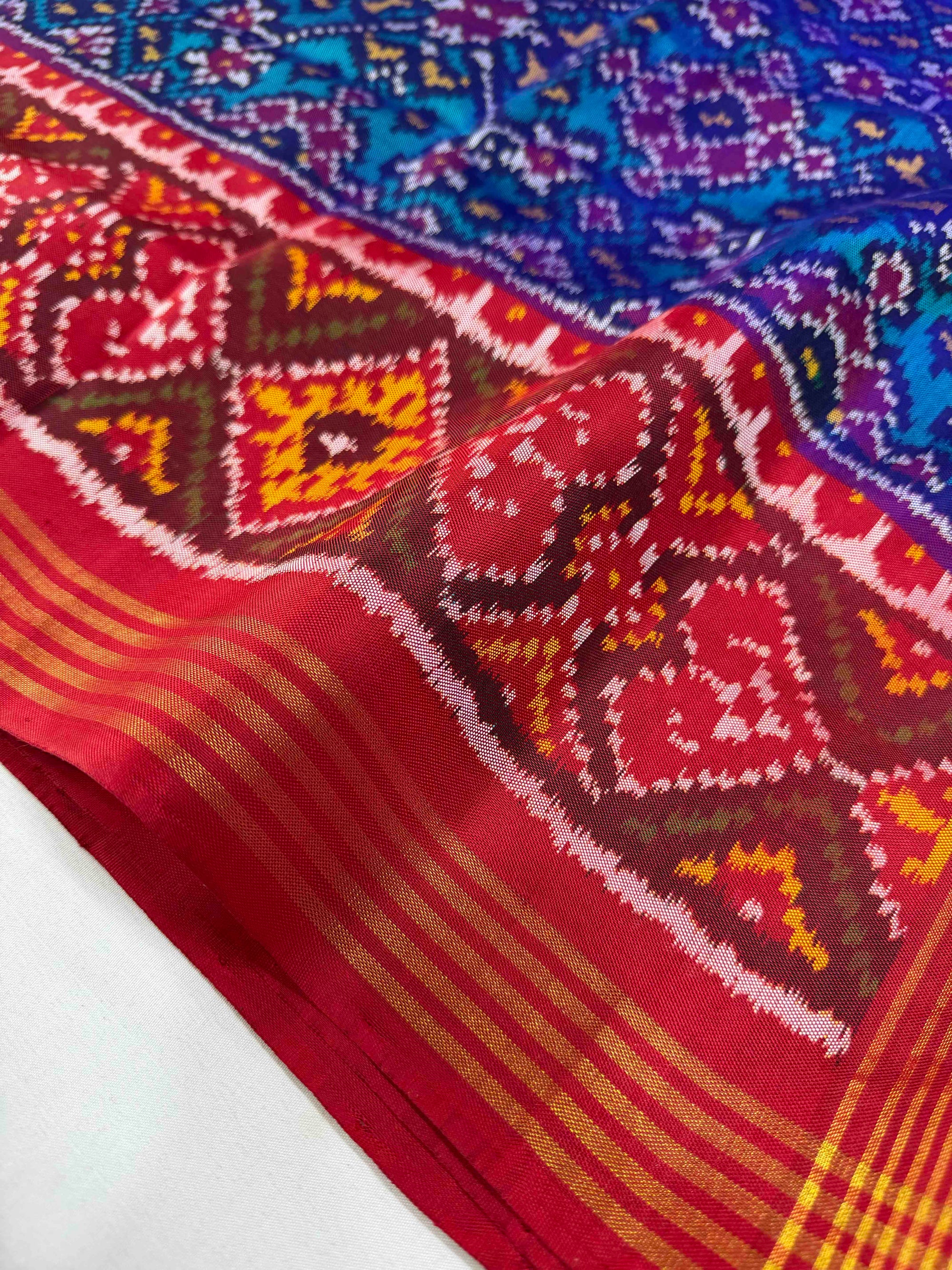 Sky Blue With Red Navratan Design Hand Woven Rajkot Ikat Patola Silk Saree