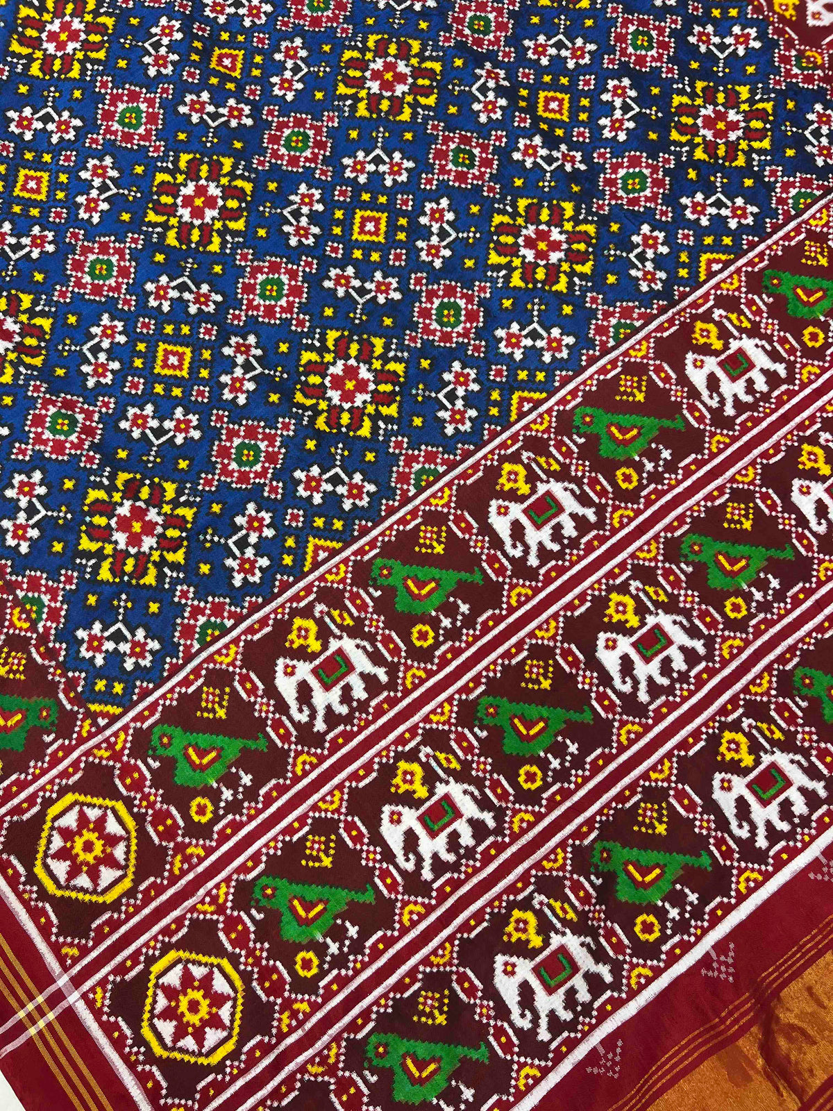 Blue And Maroon Navratan Design Pure Hand Woven Double Ikat Patola Silk Saree