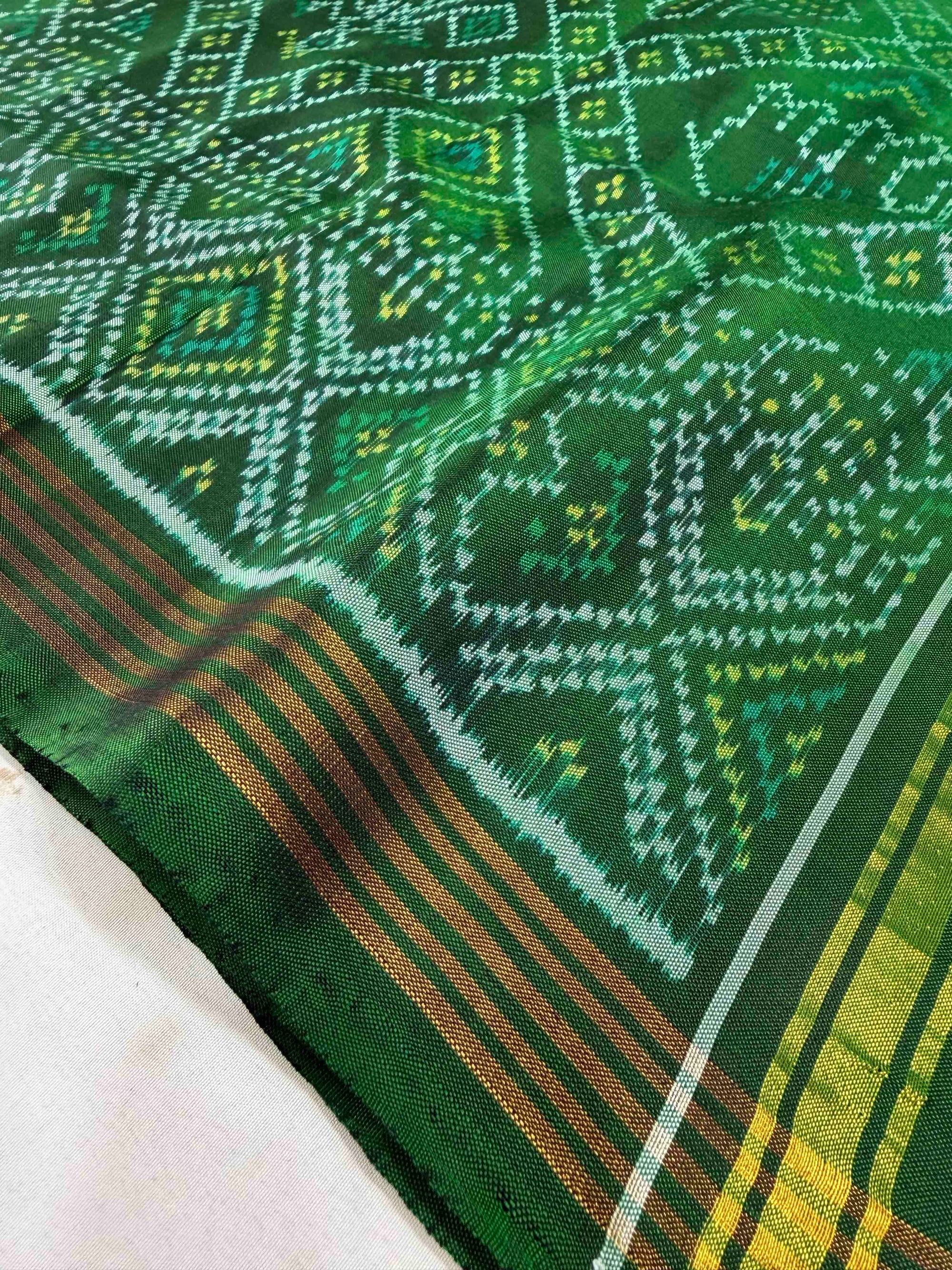 Green Bandhej Design Hand Woven Rajkot Ikat Patola Silk Saree