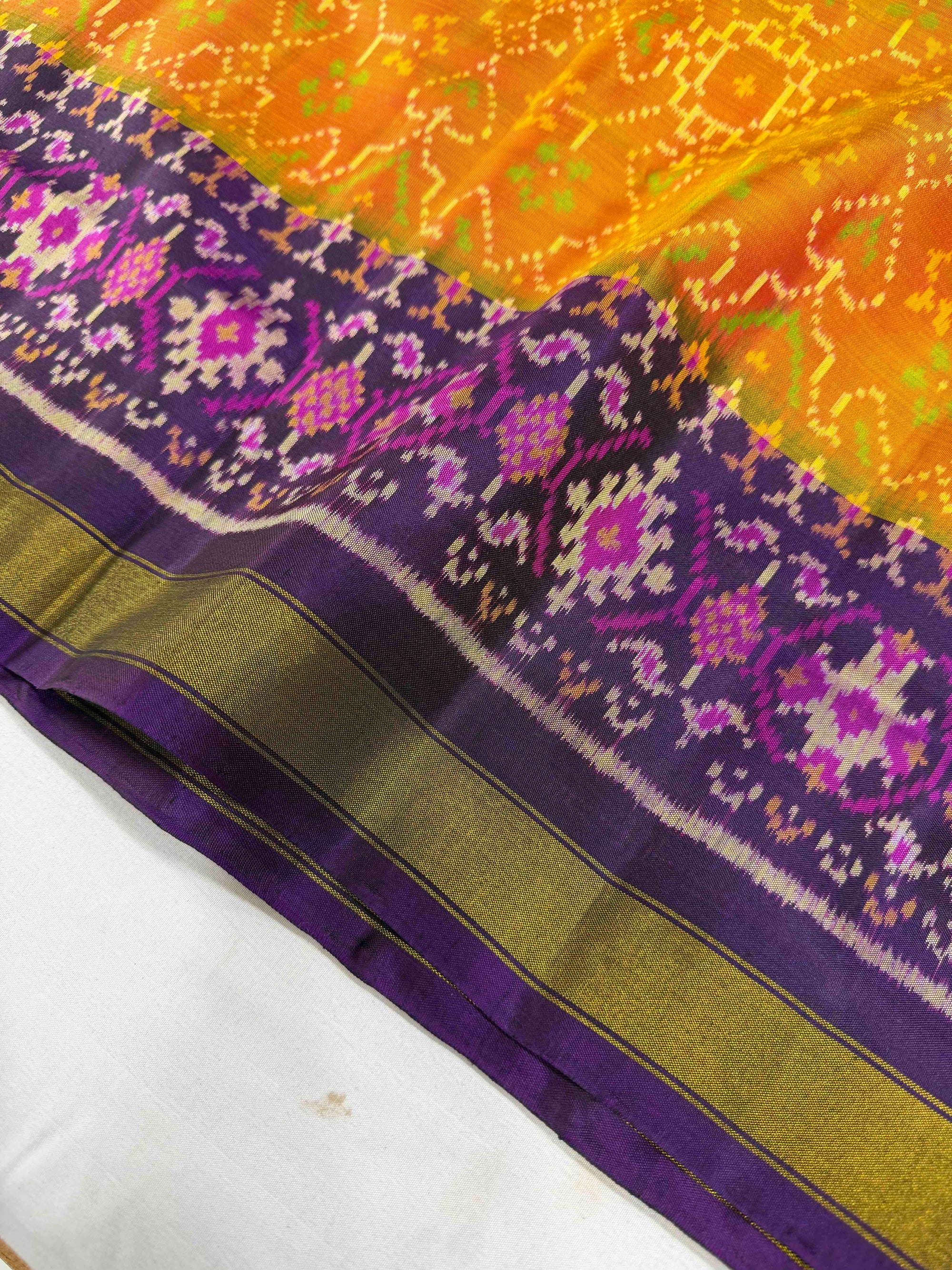 Yellow With Magenta Navratan Design Hand Woven Rajkot Patola Silk Saree