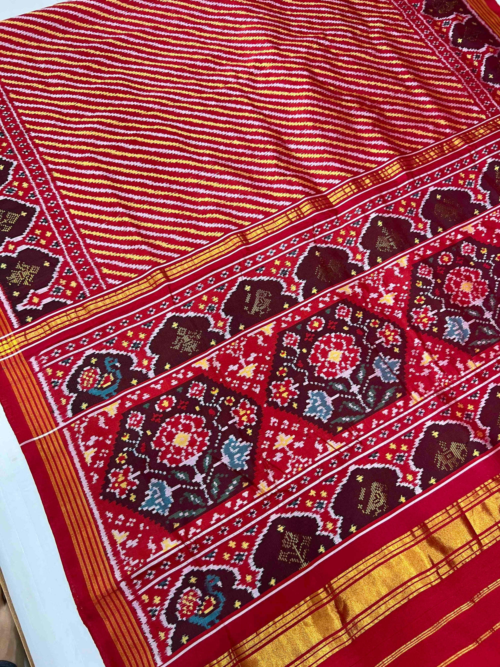 Red Laheriya With 5 Figure Zari Work Hand Woven Rajkot Ikat Patola Silk Saree