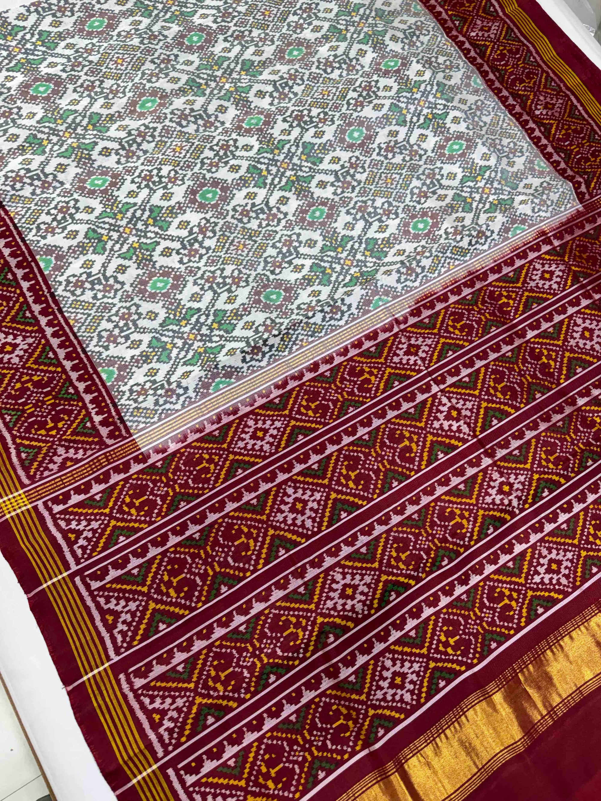 White With Red Navratan Hand Woven Rajkot Ikat Patola Silk Saree