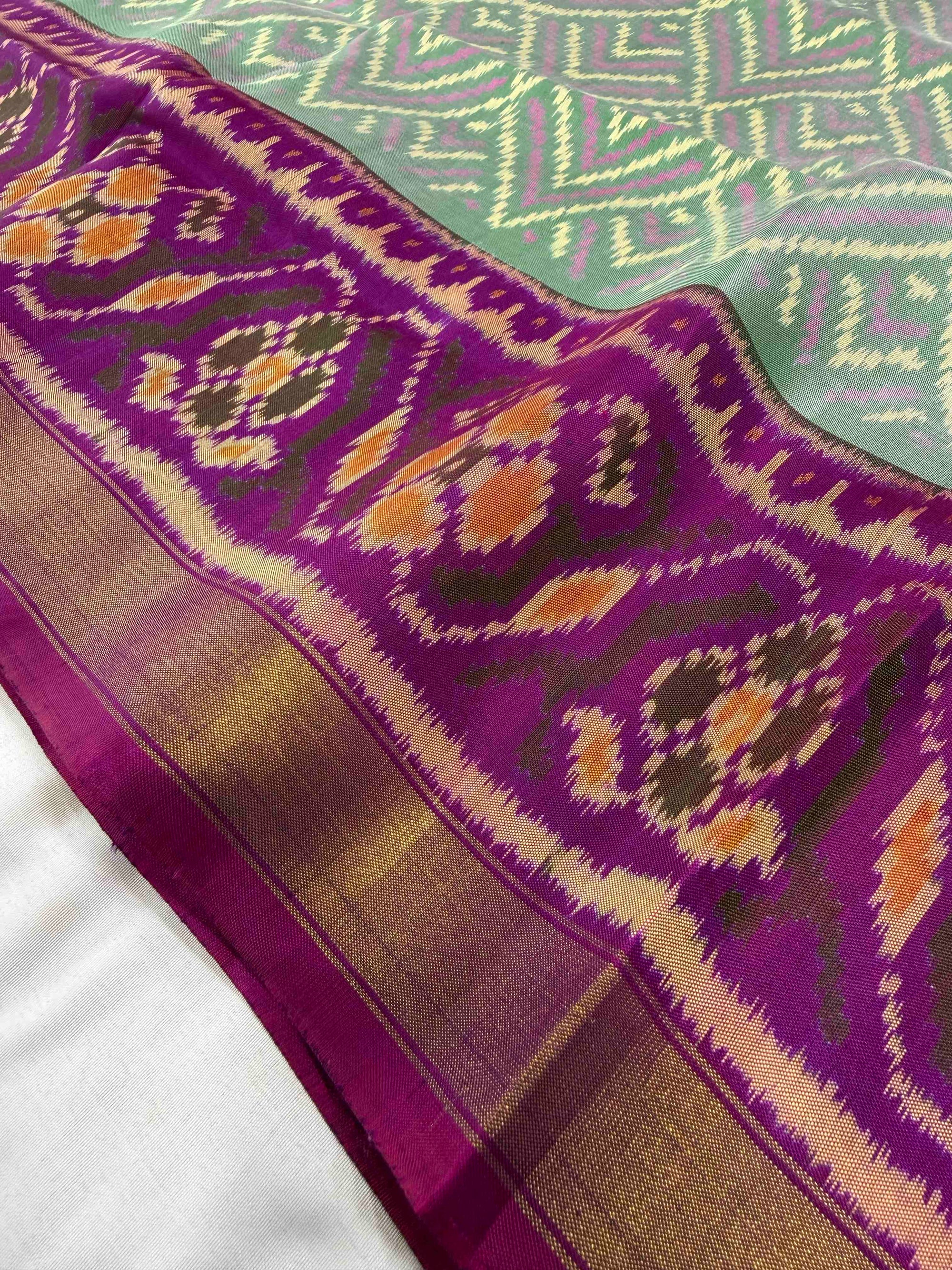 Light Green With Purple Hand Woven Rajkot Patola Silk Saree