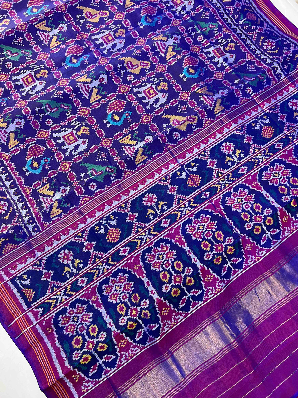 Full Blue Sakli Narikunj Design Hand Woven Rajkot Ikat Patola Silk Saree