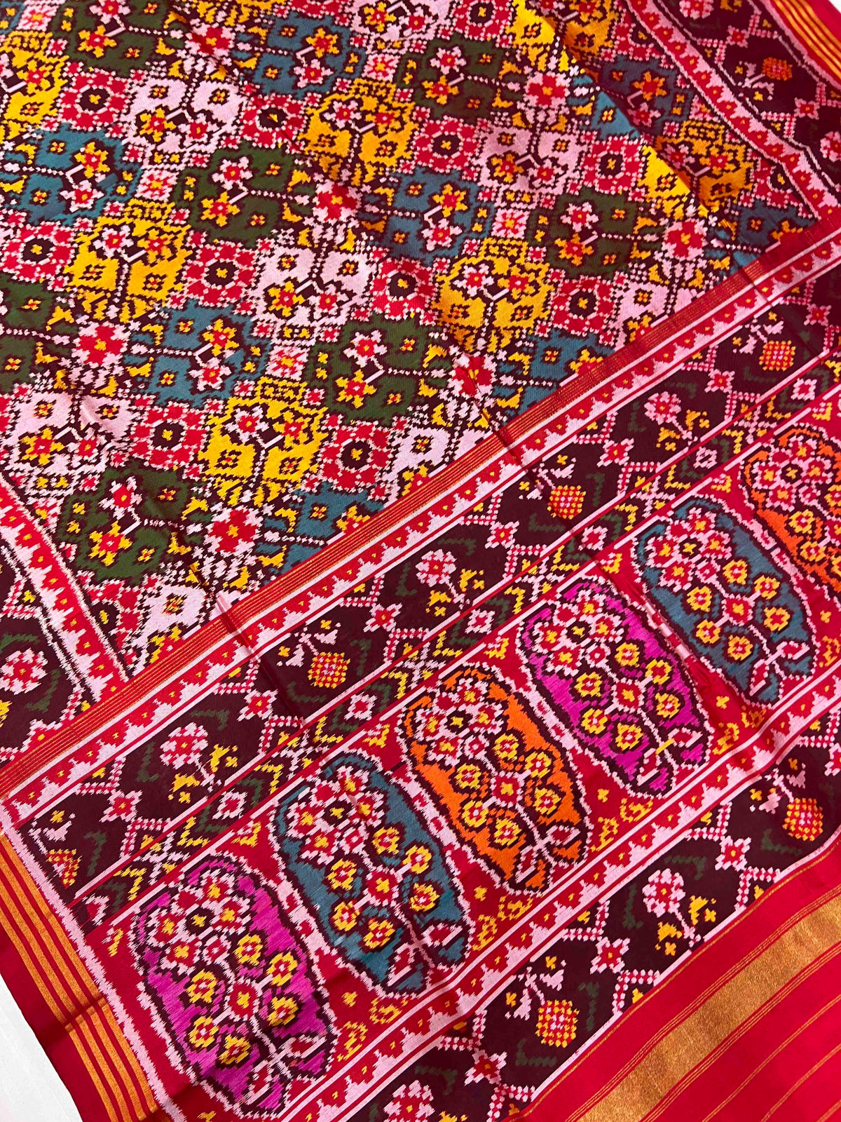Multi Color Navratan Design Hand Woven Rajkot Ikat Patola Silk Saree