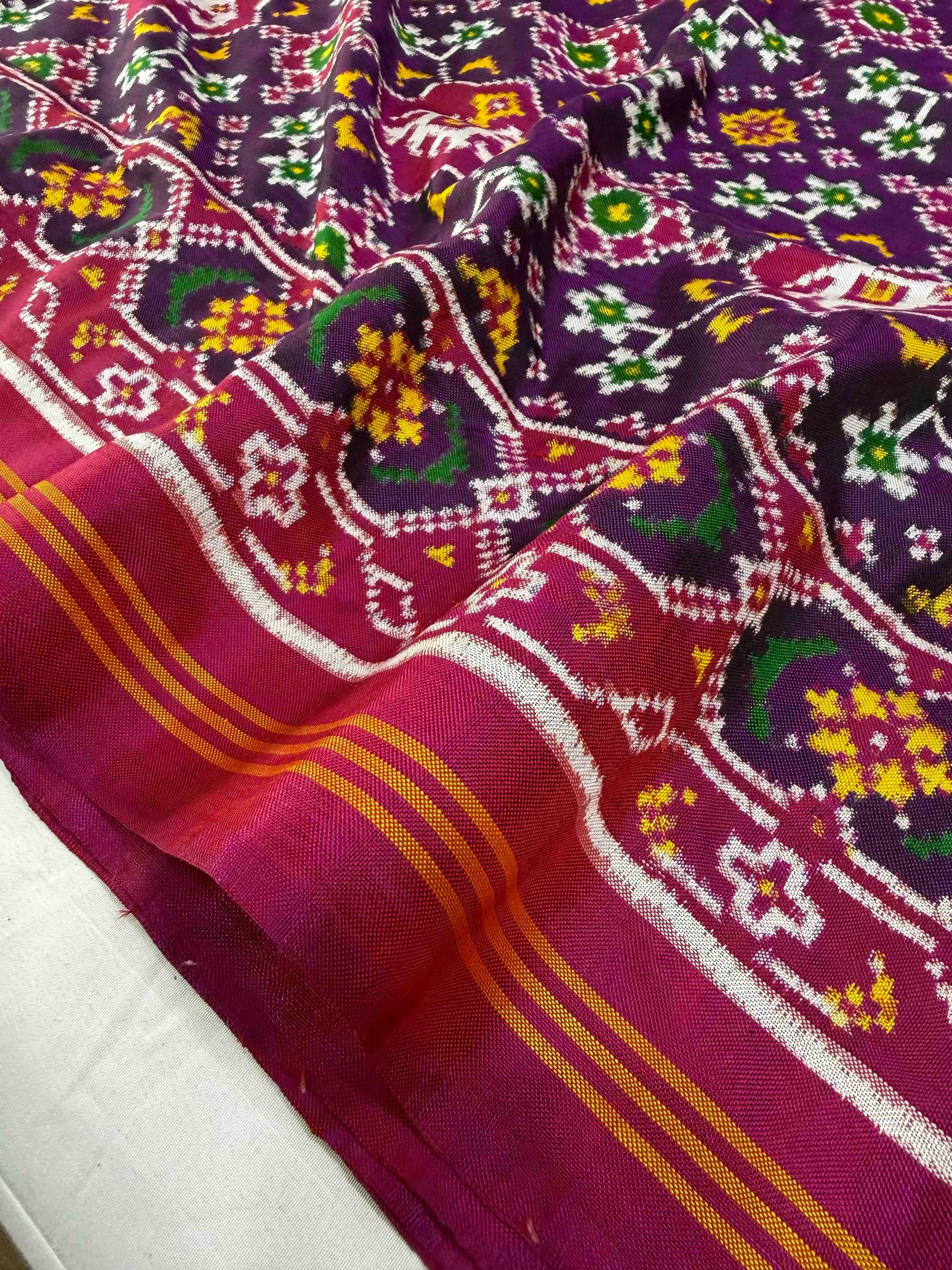 Purple & Pink Navratan With Elephent Design Pure Hand Woven Double Ikat Patola Silk Saree