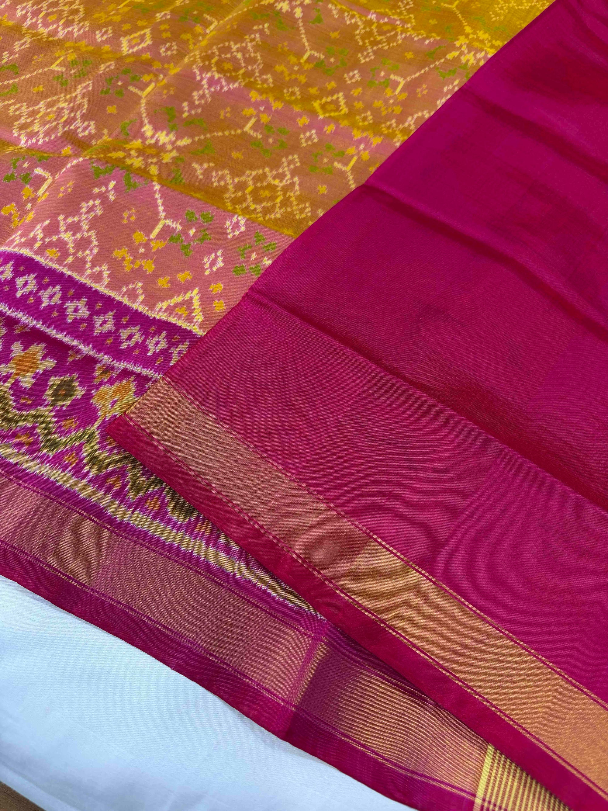 Musturd With Pink Hand Woven Rajkot Patola Silk Saree