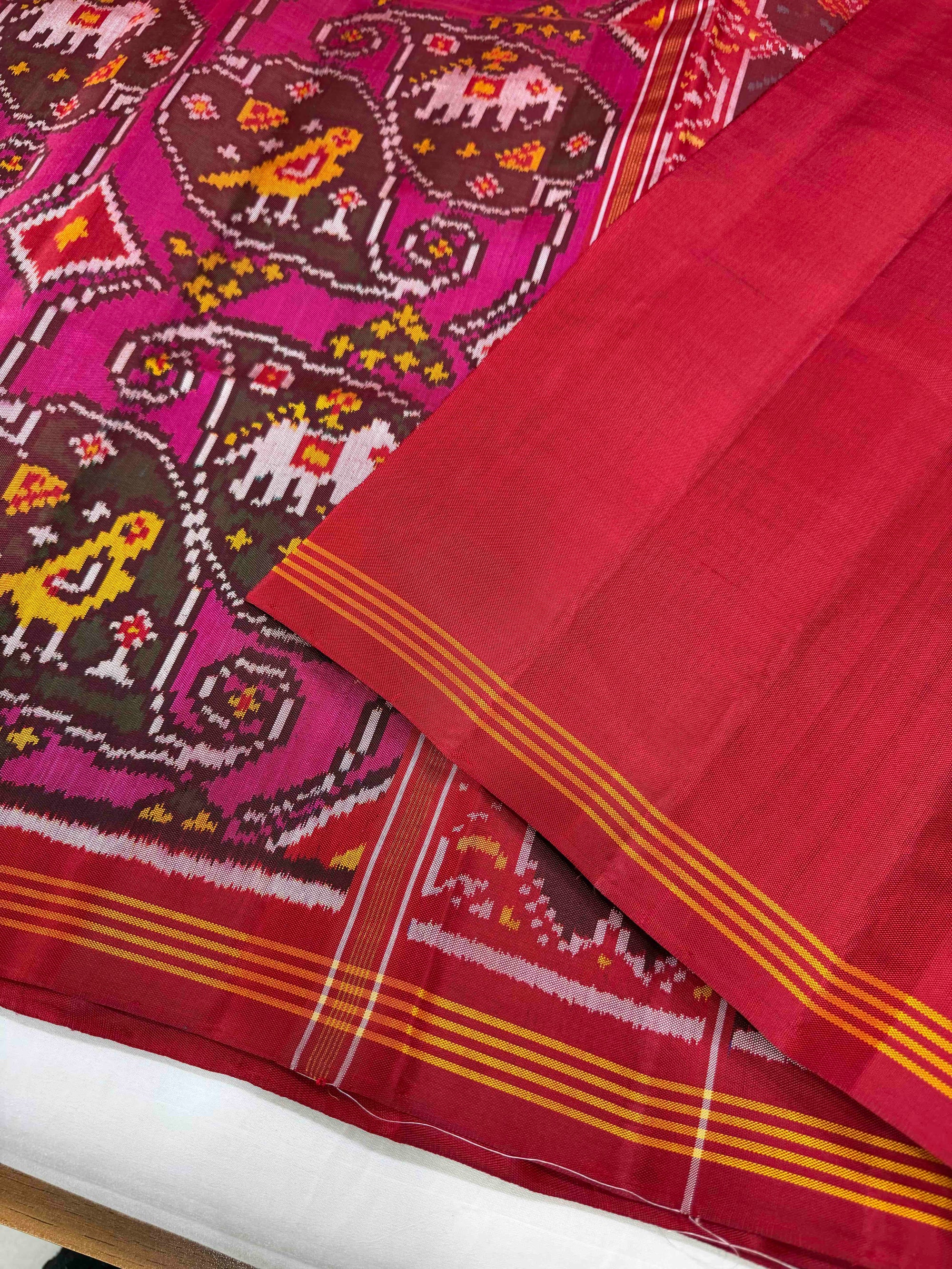 Pink And Red New Fancy Design Hand Woven Rajkot Ikat Patola Silk Saree