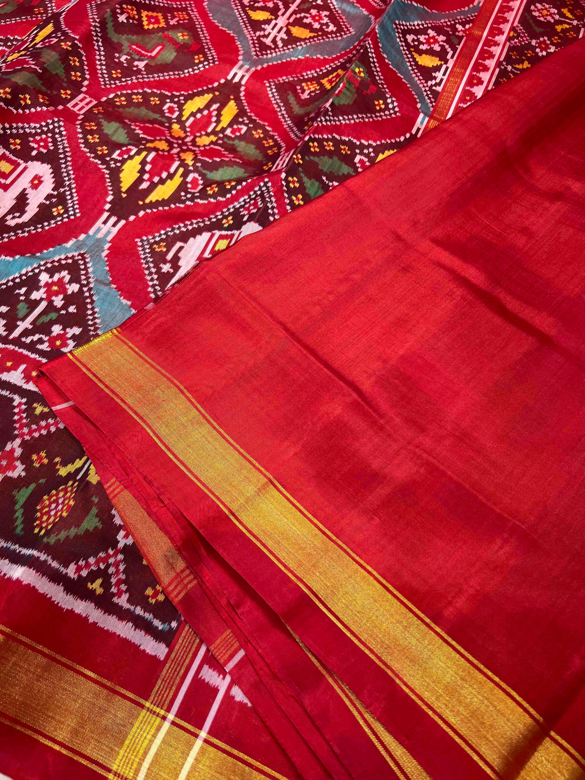 Red And Maroon Big Motifs Design Hand Woven Rajkot  Patola Silk Saree