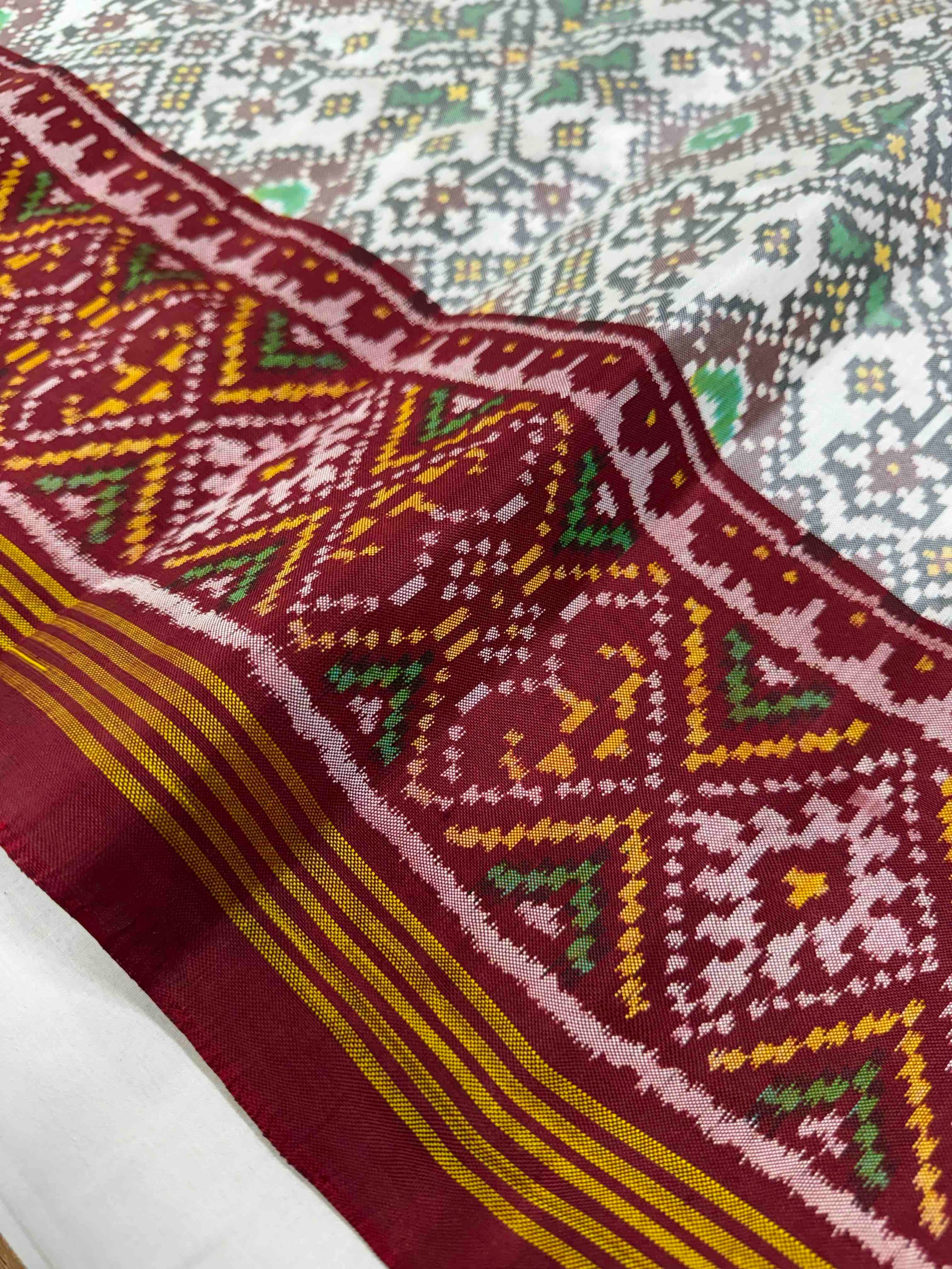 White With Red Navratan Hand Woven Rajkot Ikat Patola Silk Saree