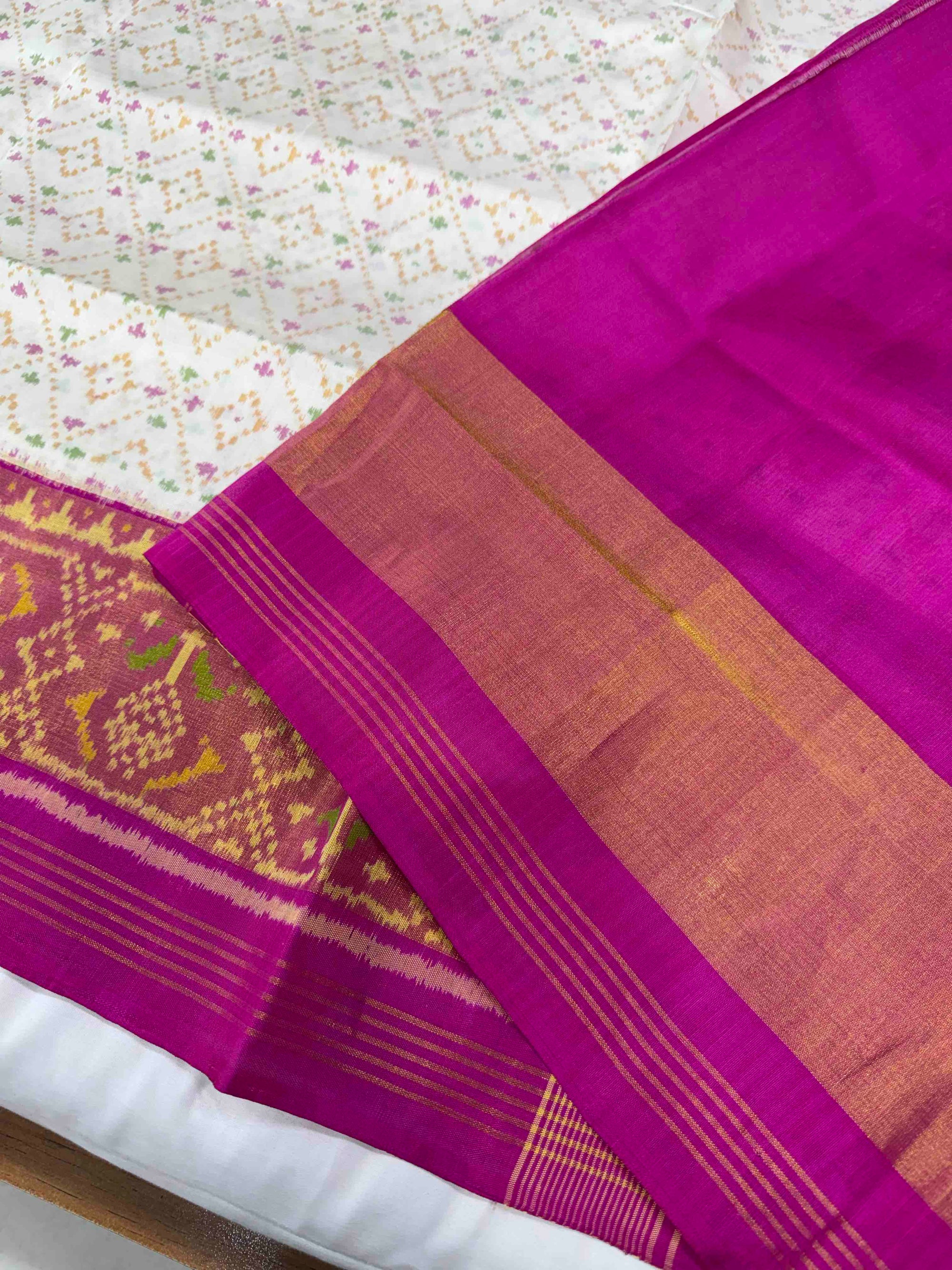White With Pink Hand Woven Rajkot Patola Silk Saree