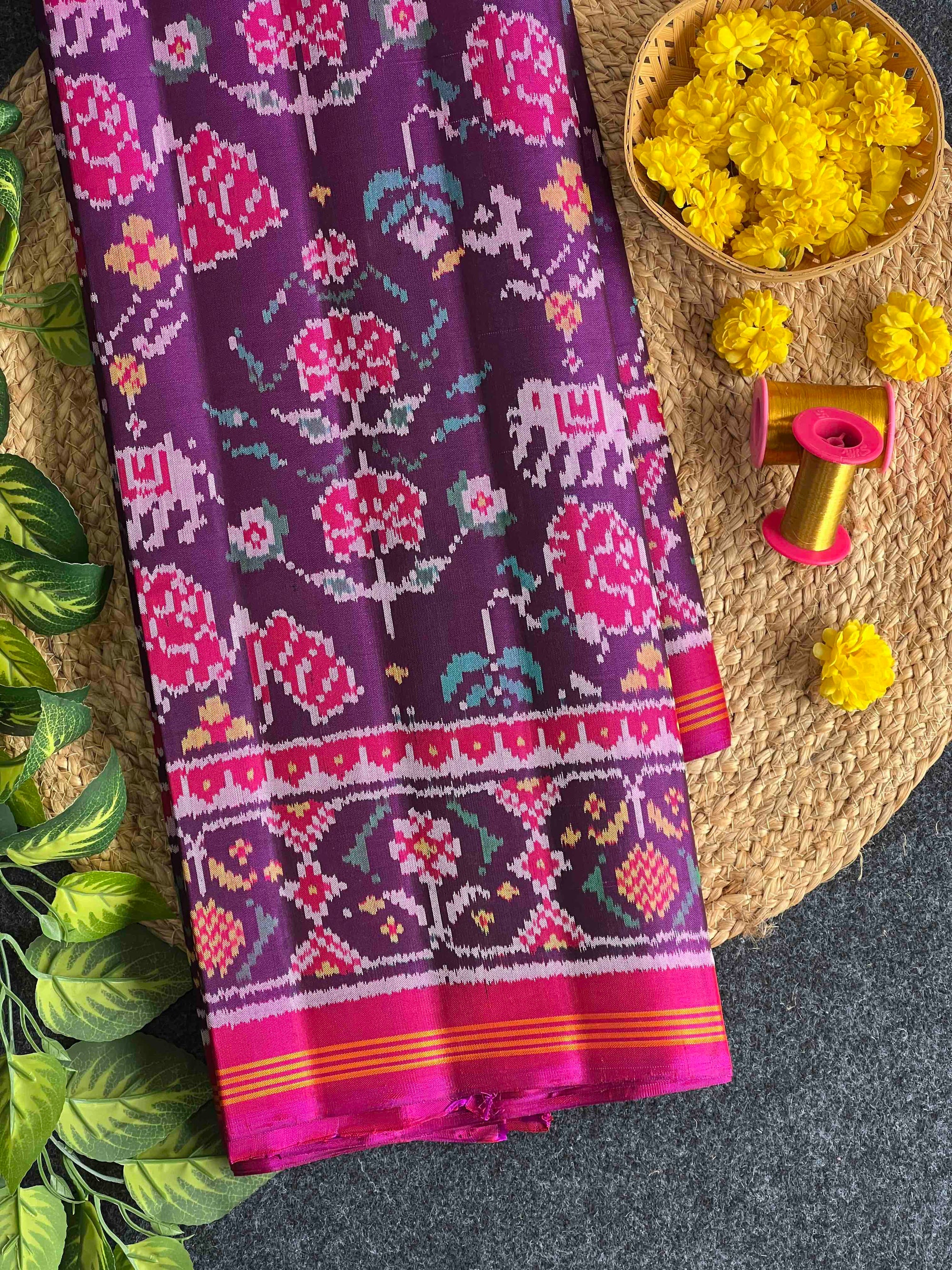 Purple Motifs Design Hand Woven Rajkot Ikat Patola Silk Saree