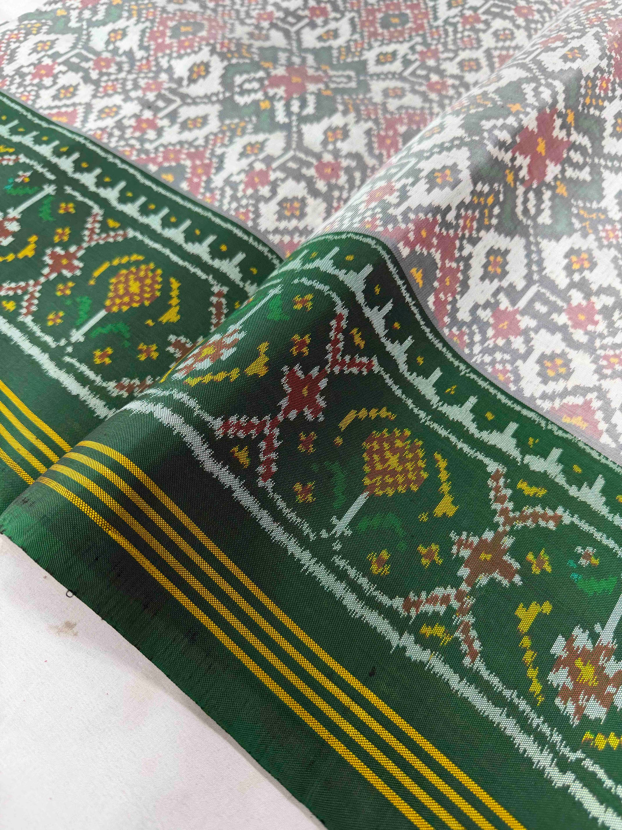 White & Green Hand Woven Rajkot Ikat Patola Silk Saree