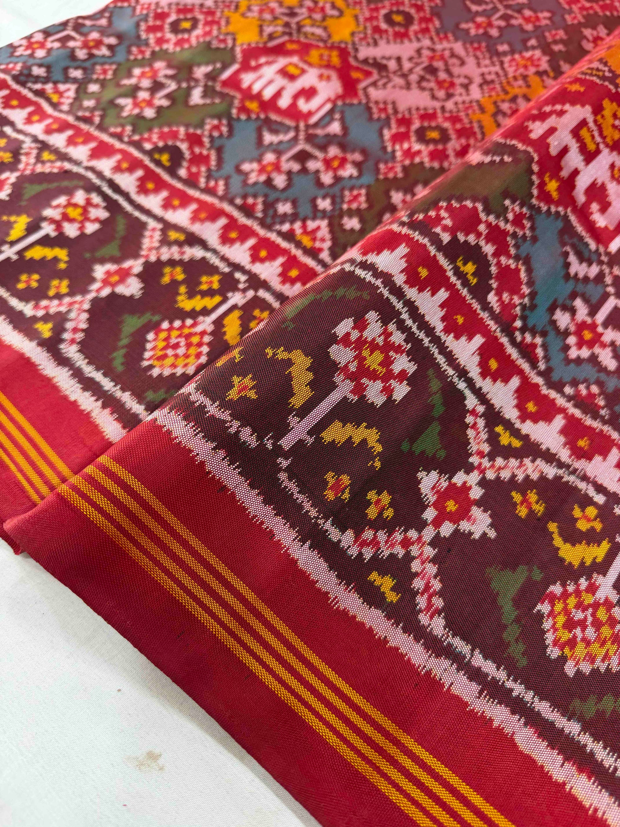 Multi With Red Hand Woven Rajkot Ikat Patola Silk Saree