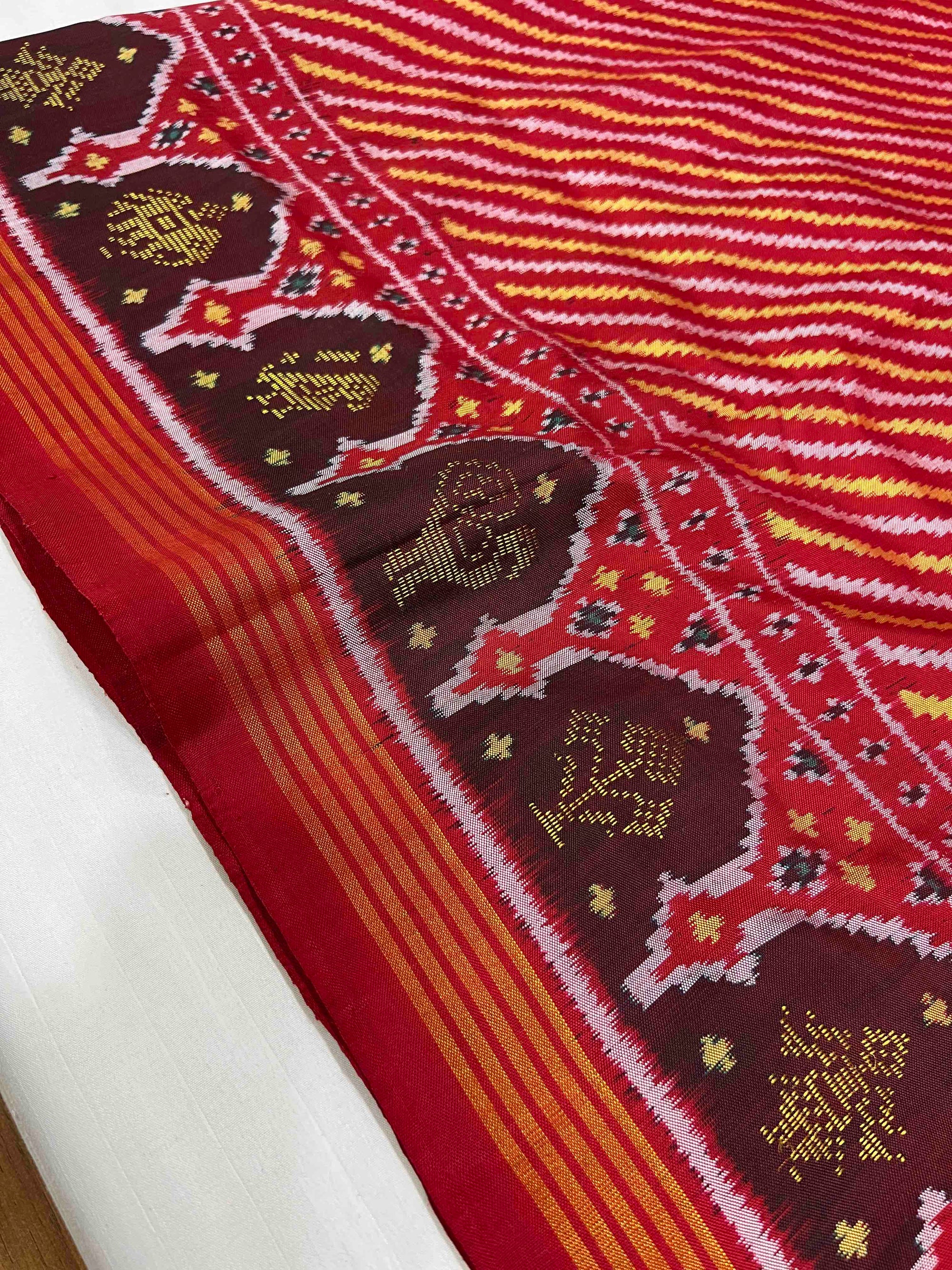 Red Laheriya With 5 Figure Zari Work Hand Woven Rajkot Ikat Patola Silk Saree