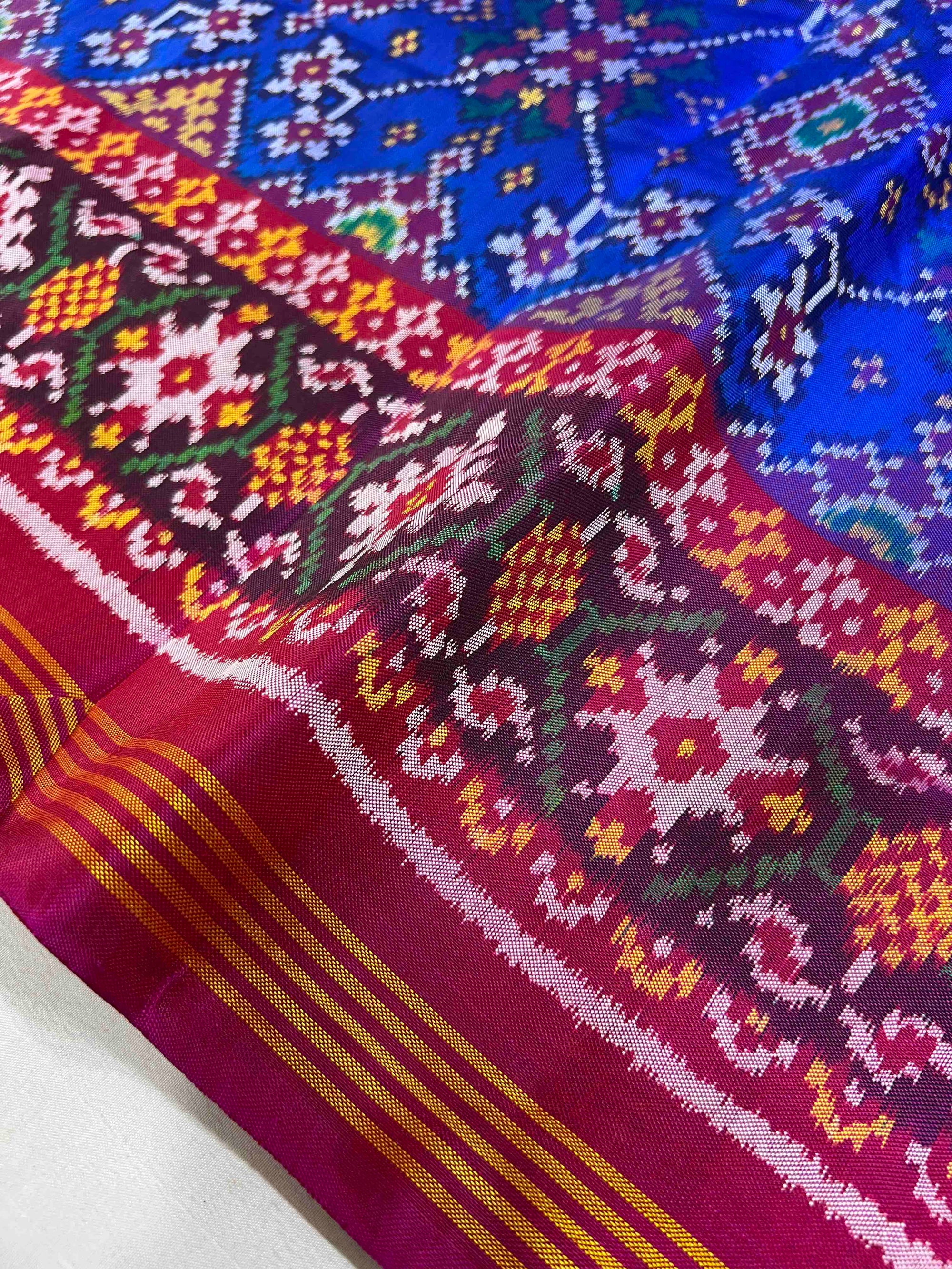 Blue & Pink Navratan Hand Woven Rajkot Ikat Patola Silk Saree