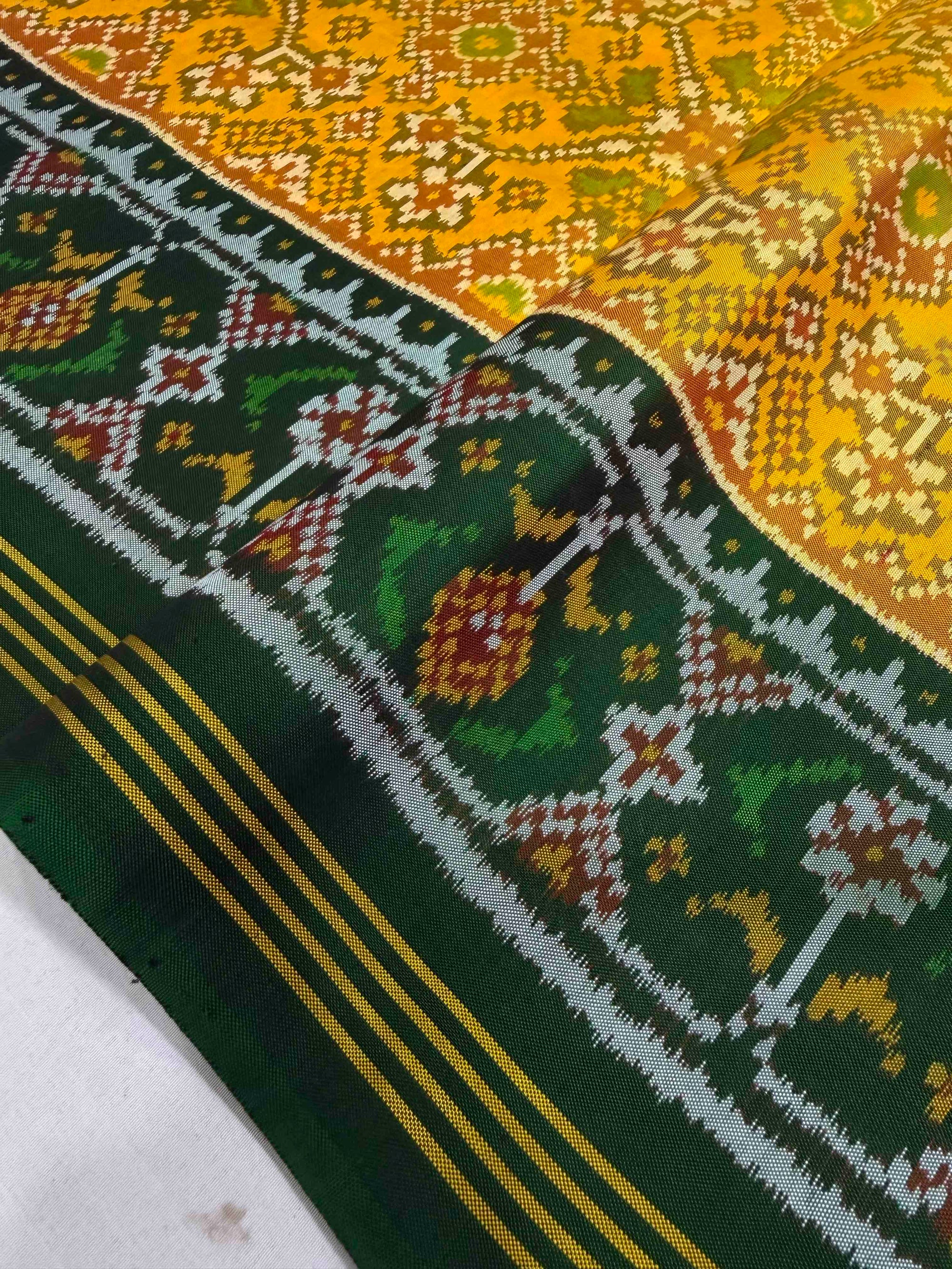 Yellow With Red & Green Hand Woven Rajkot Ikat Patola Silk Saree