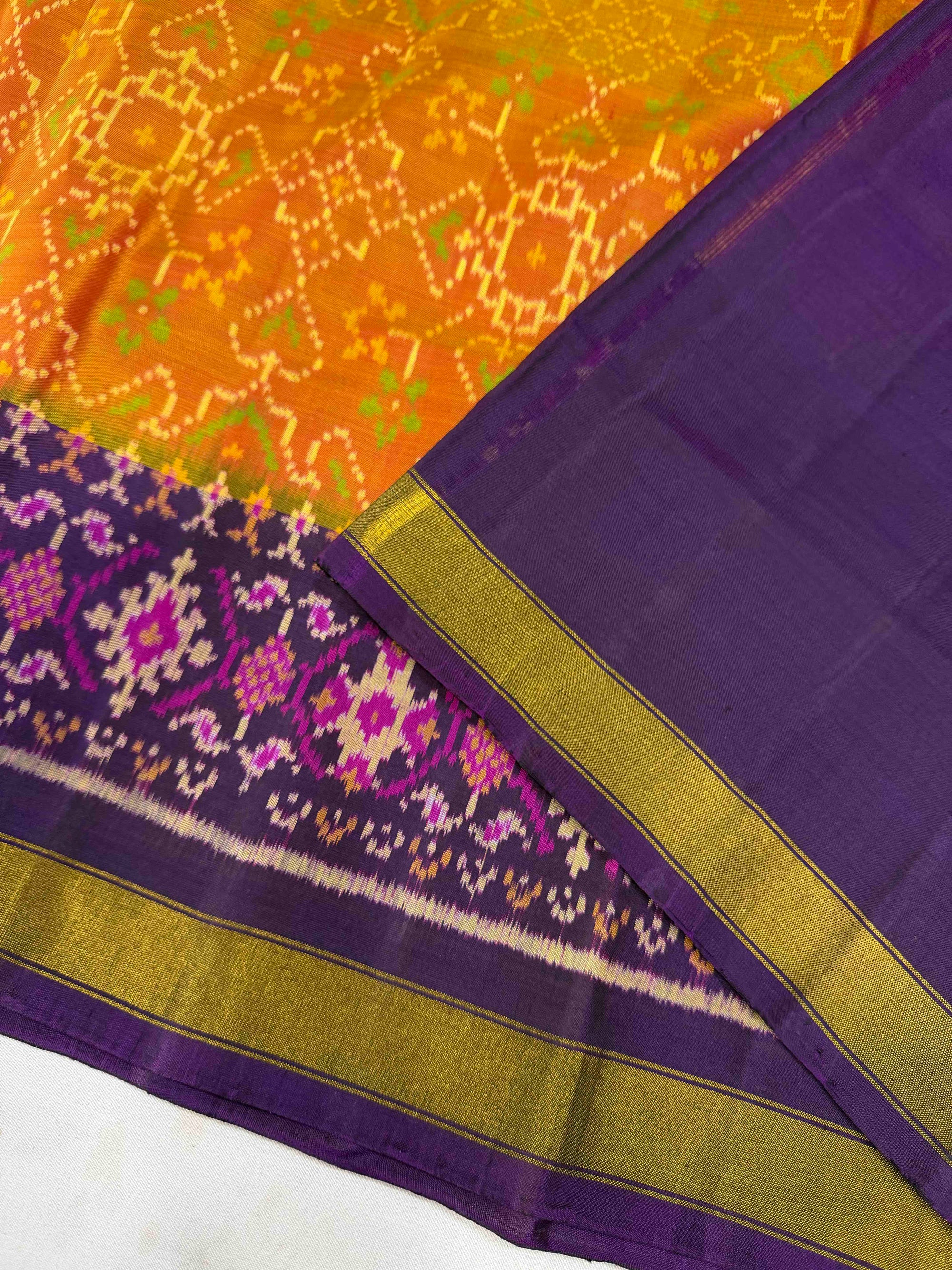 Yellow With Magenta Navratan Design Hand Woven Rajkot Patola Silk Saree