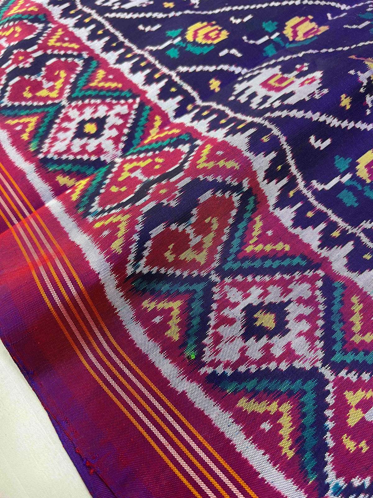 Blue With Magenta Laheriya Design Hand Woven Rajkot Ikat Patola Silk Saree