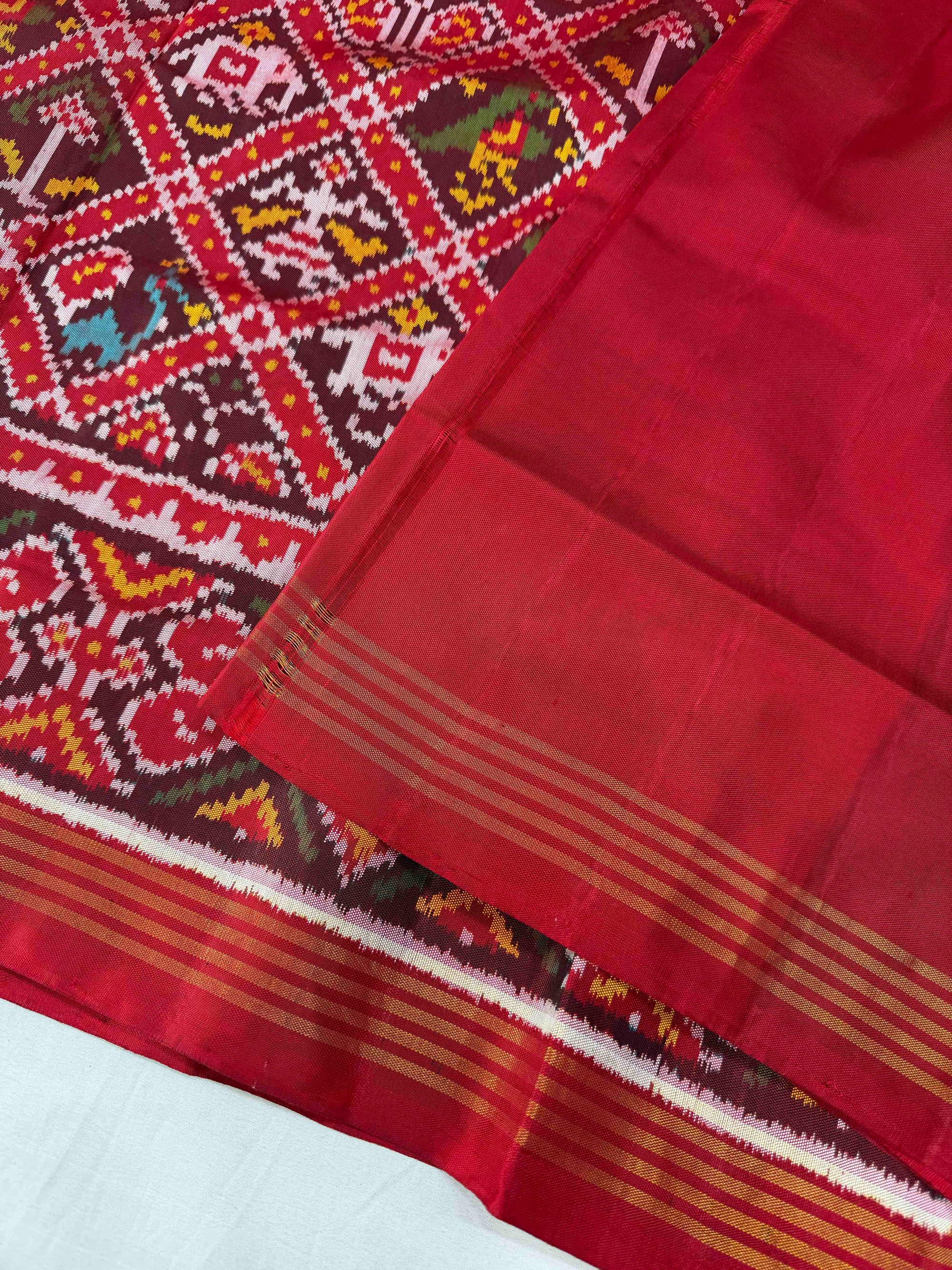 Red & Maroon Narikunj Design Hand Woven Rajkot Ikat Patola Silk Saree