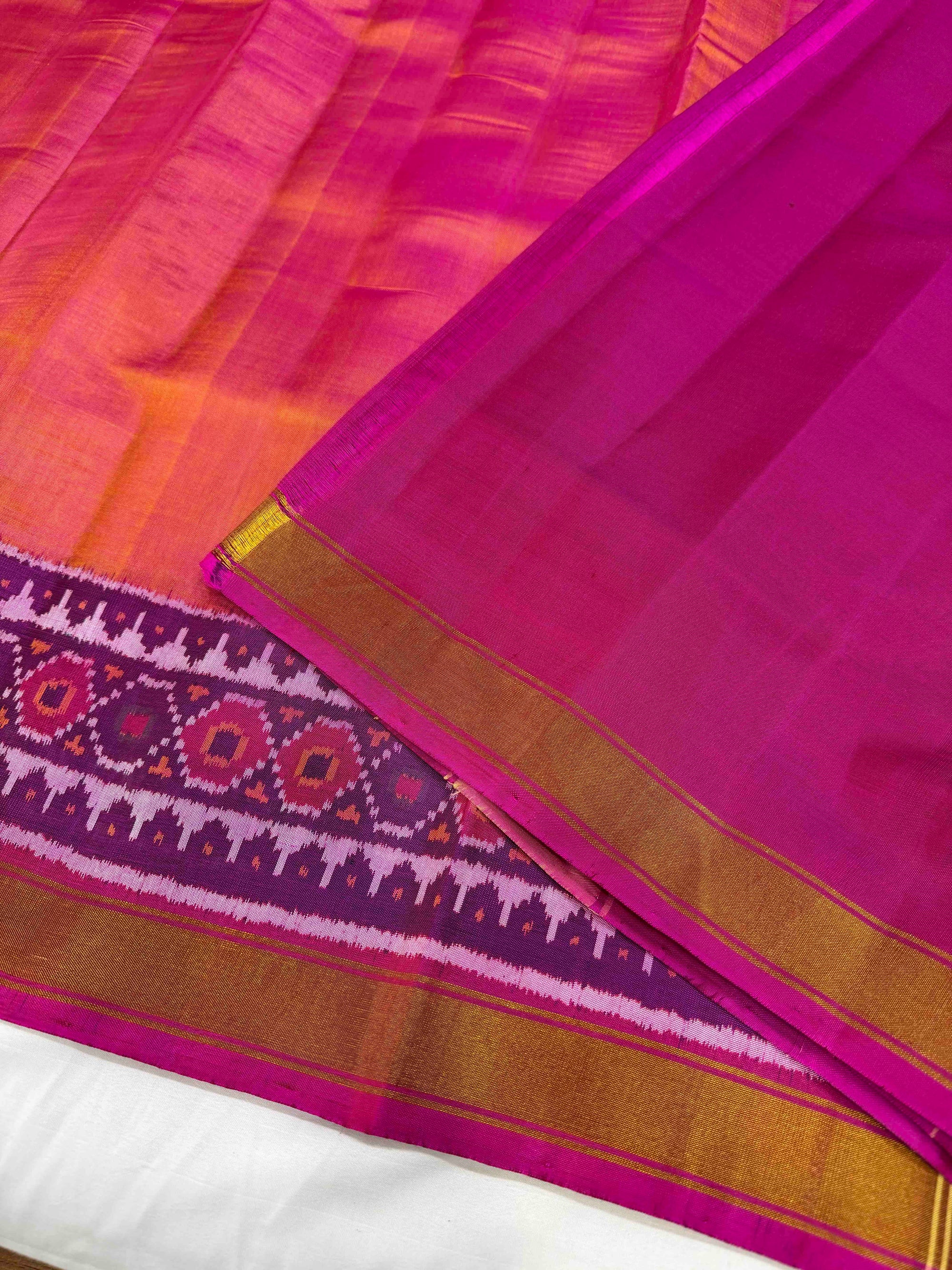 Plain Yellow With Pink Hand Woven Rajkot Patola Silk Saree