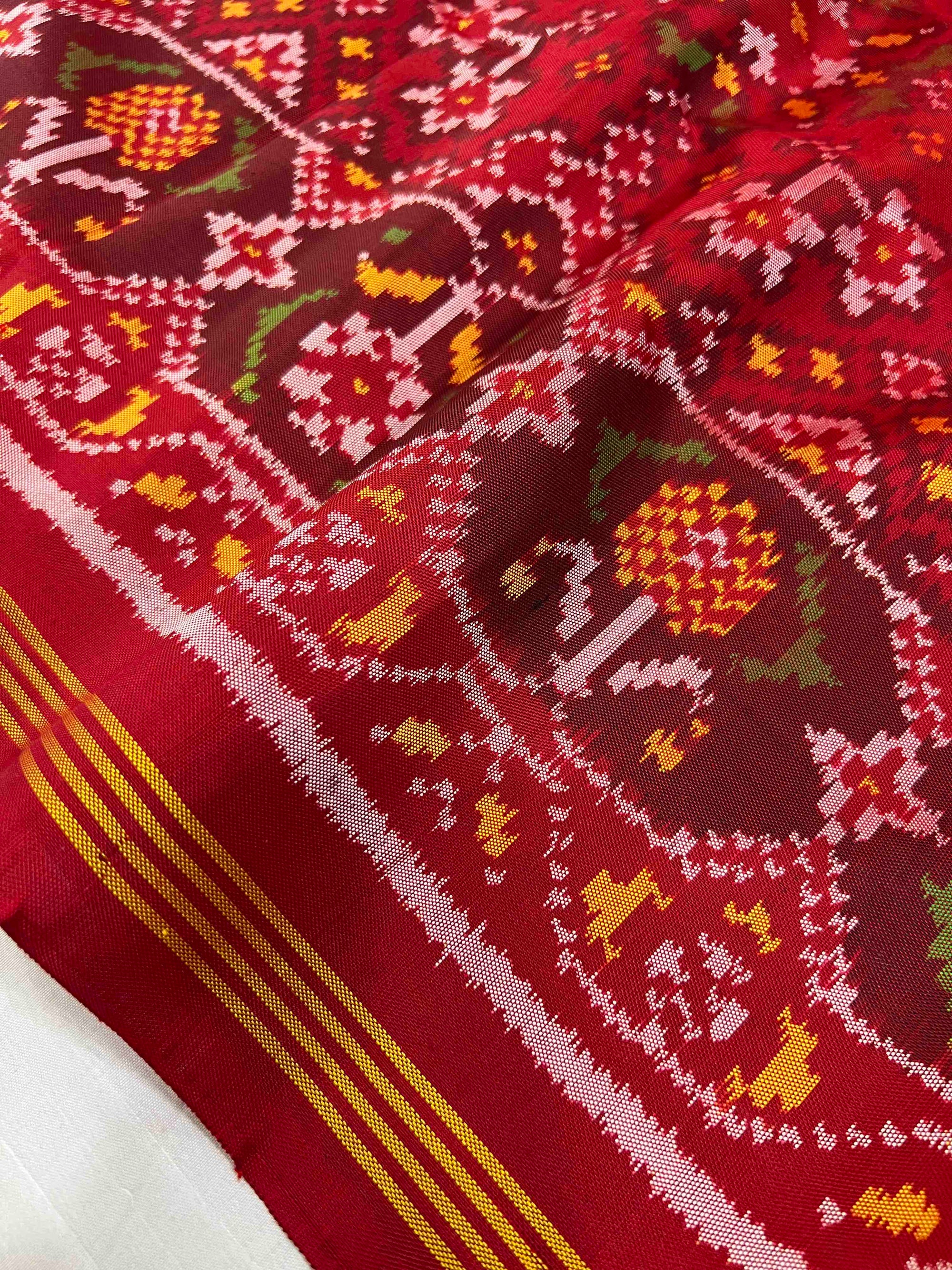 Full Red Navratan Design Hand Woven Rajkot Ikat Patola Silk Saree