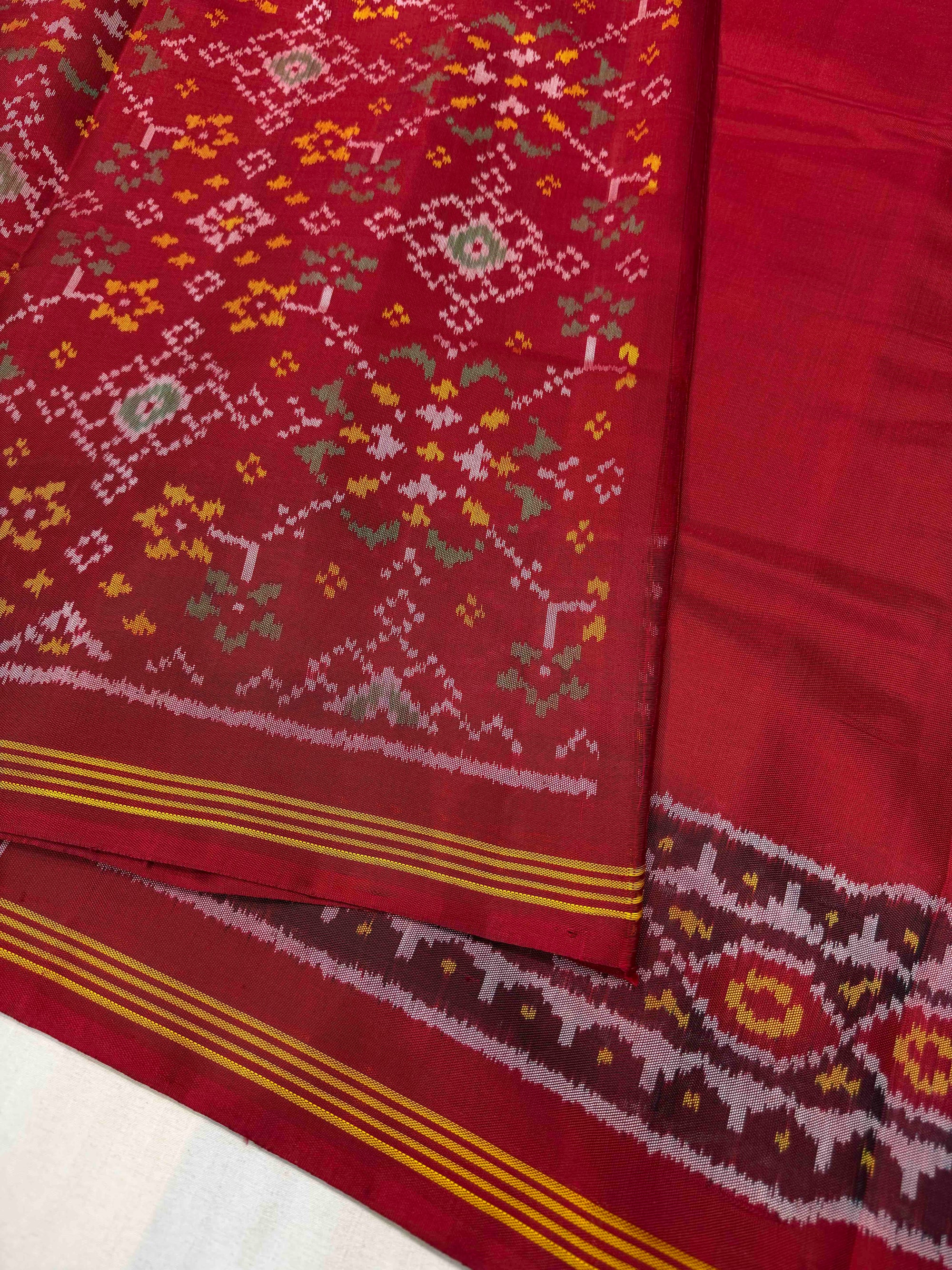 Red Plain With Maroon Patola Border Hand Woven Rajkot Ikat Patola Silk Saree