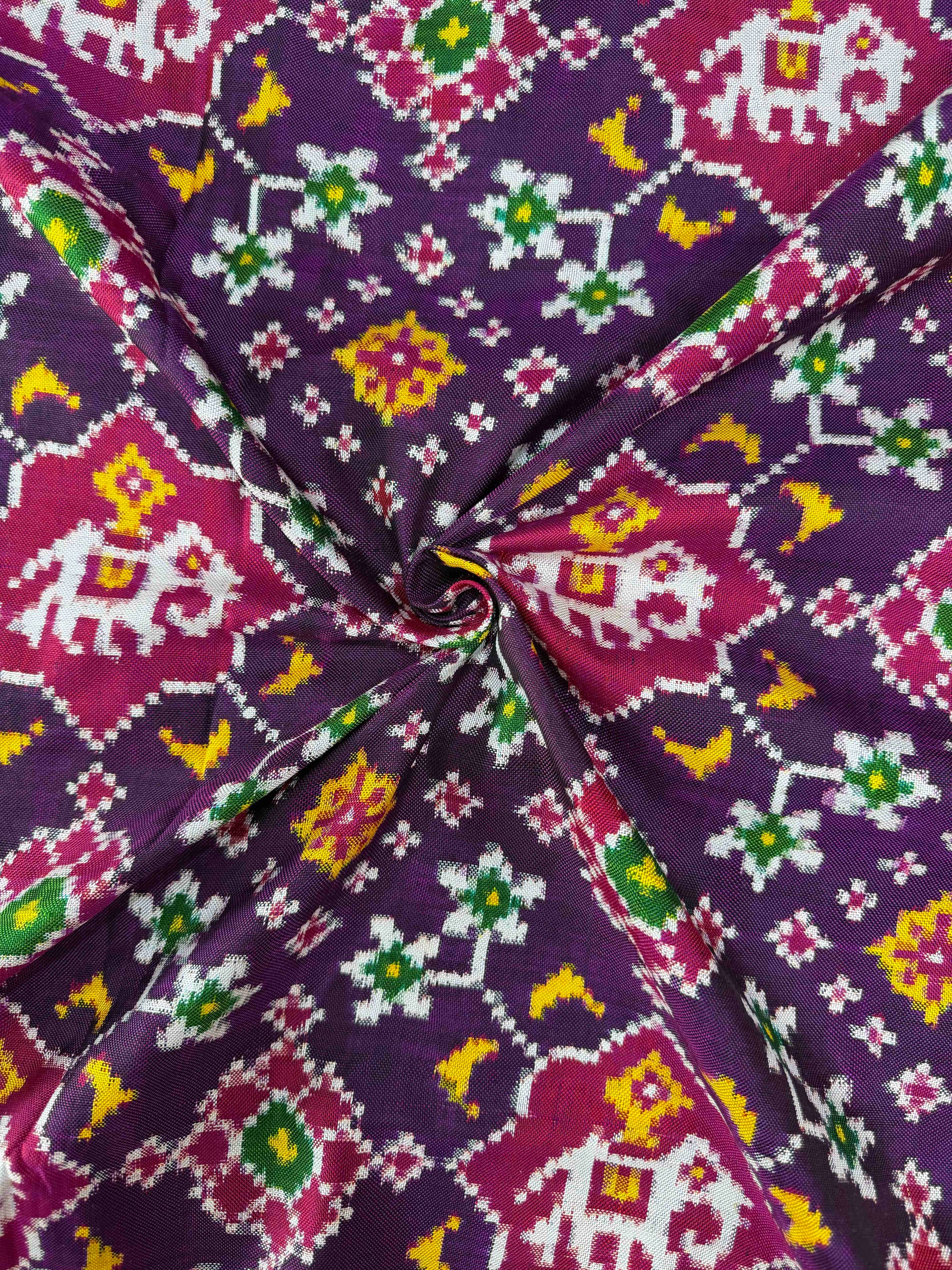 Purple & Pink Navratan With Elephent Design Pure Hand Woven Double Ikat Patola Silk Saree