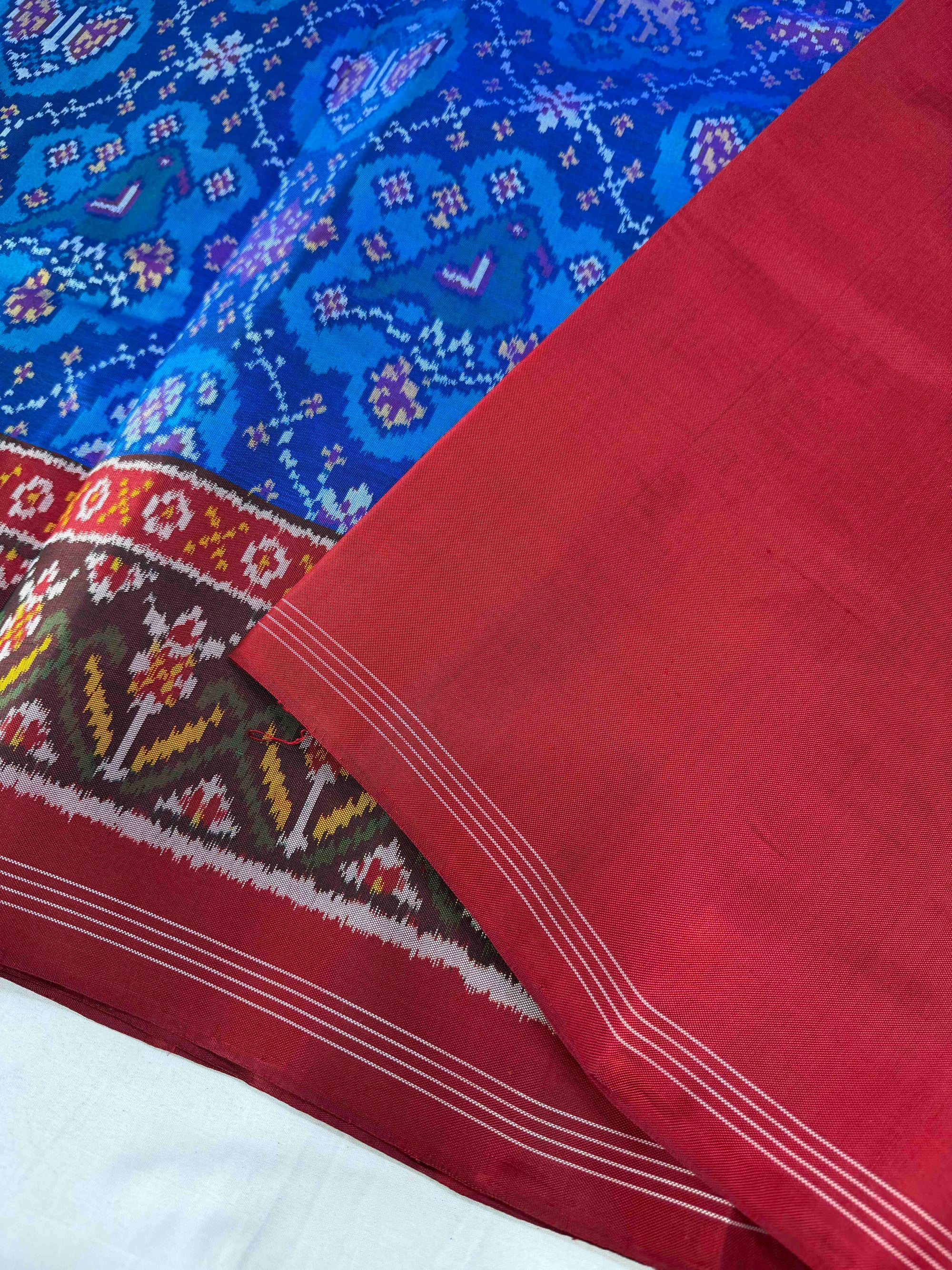 Blue & Red Big Motifs Hand Woven Rajkot Ikat Patola Silk Saree