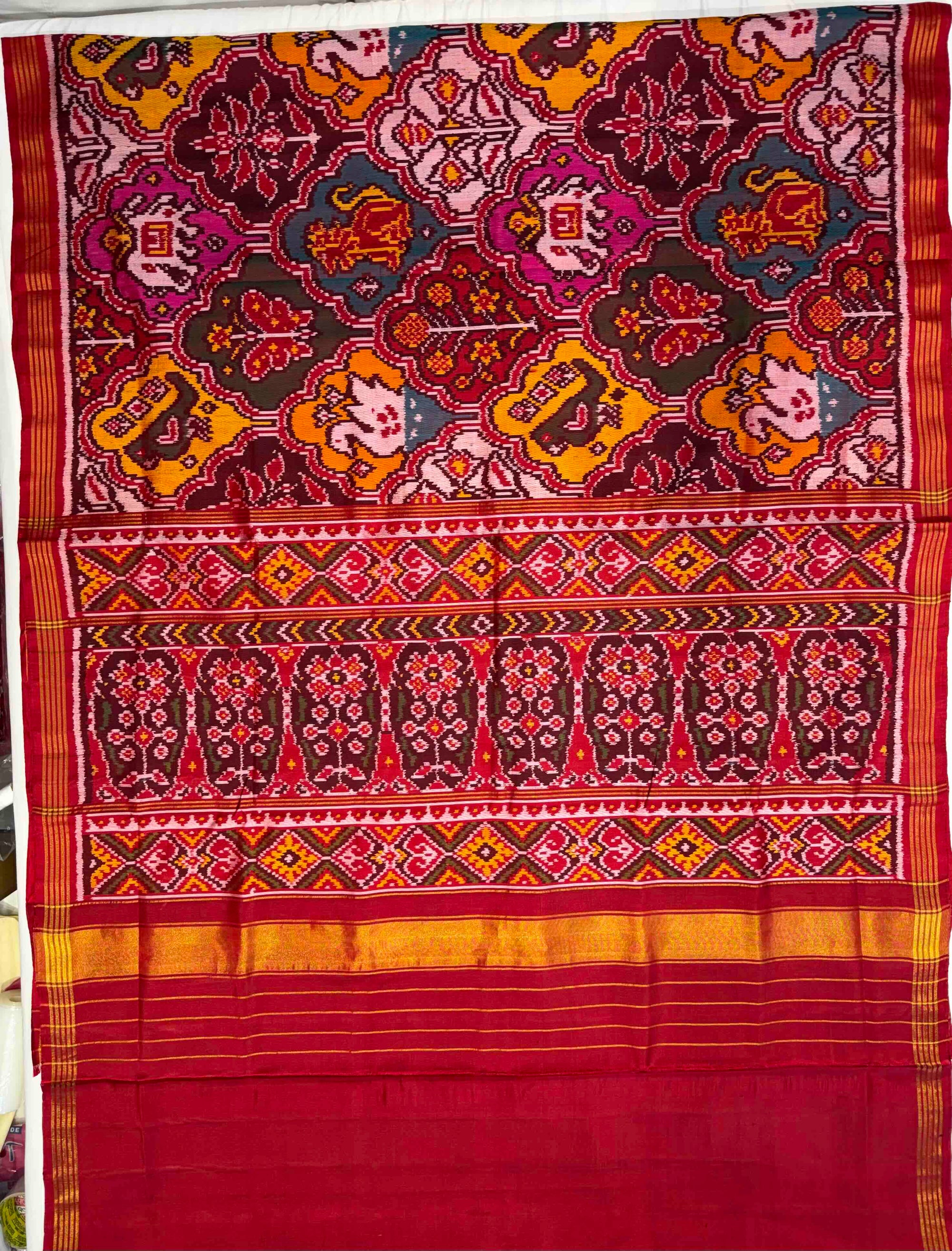 Multi Color Big Motifs Design Hand Woven Ikat Patola Silk Saree
