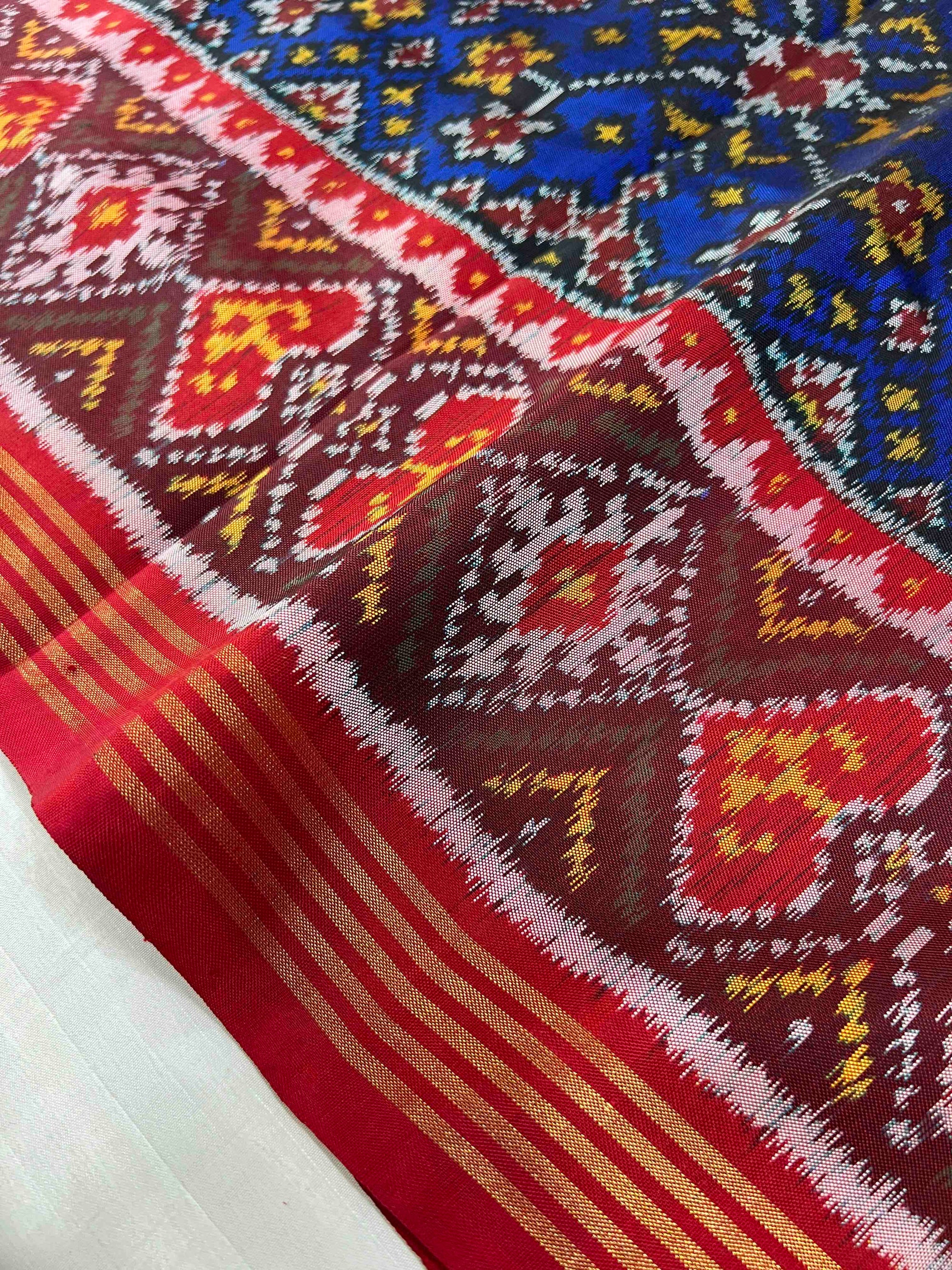 Blue & Red Navratan Design Hand Woven Rajkot Ikat Patola Silk Saree