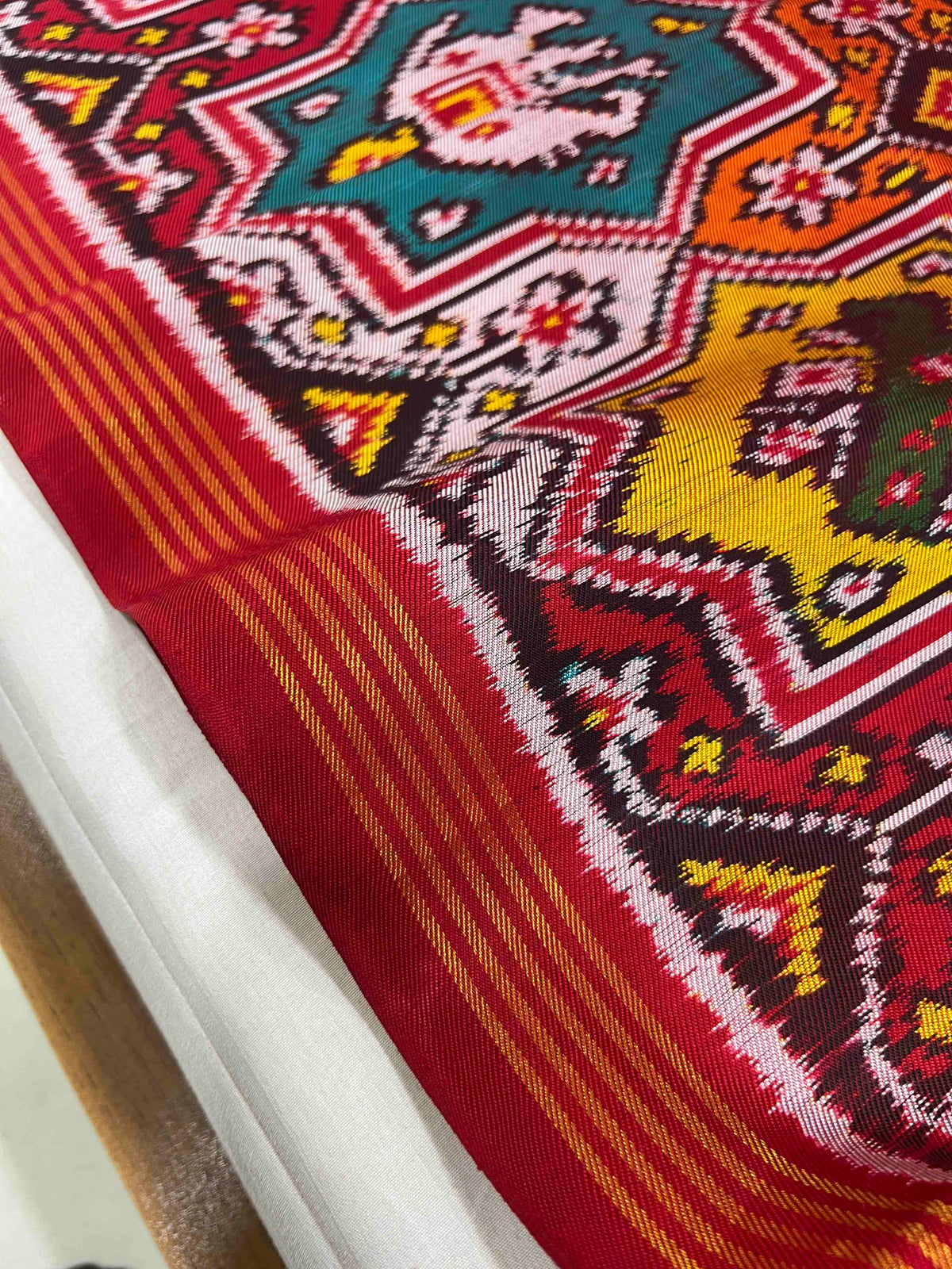 Multi Color Star Design Hand Woven Rajkot Twill Ikat Patola Silk Saree
