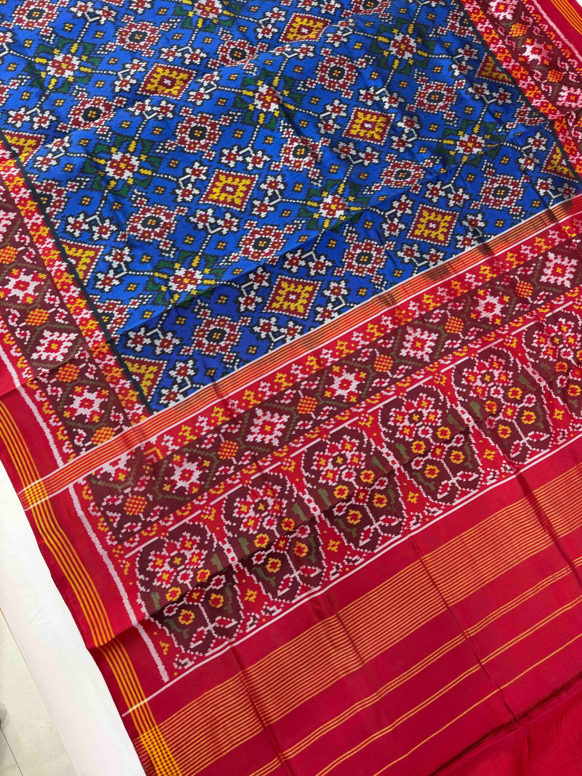 Blue & Red Navratan Hand Woven Rajkot Ikat Patola Silk Saree