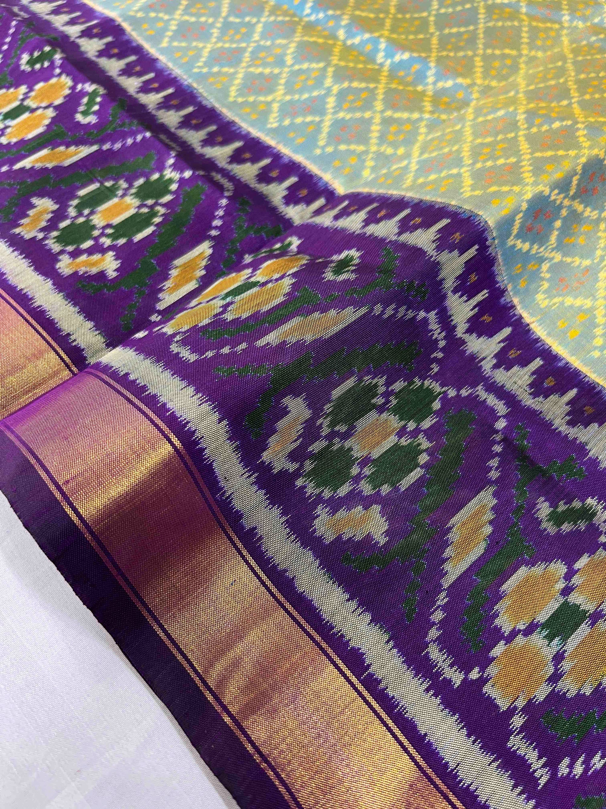 Sky Blue With Purple Hand Woven Rajkot Patola Silk Saree