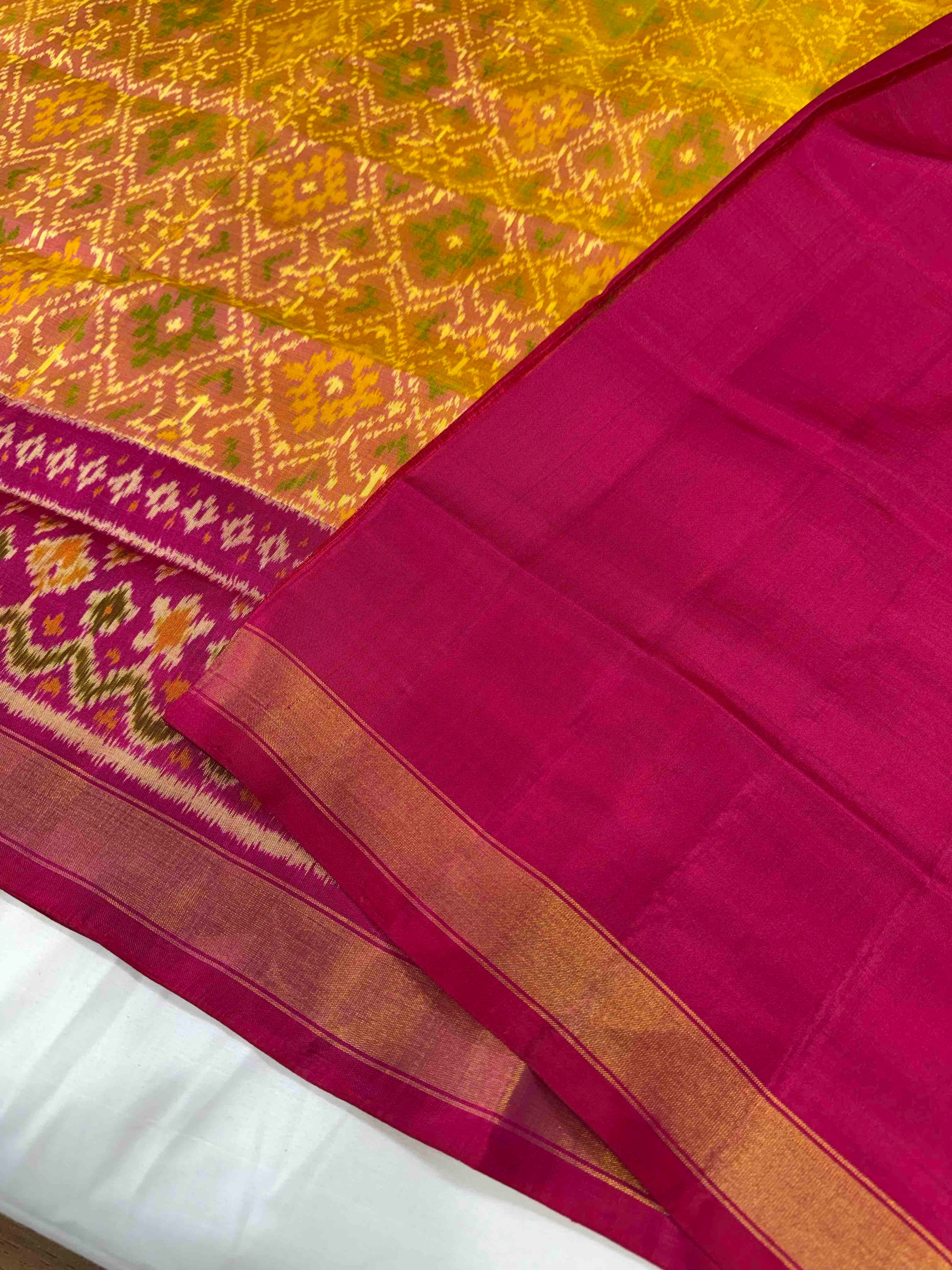 Yellow With Pink Hand Woven Rajkot Patola Silk Saree