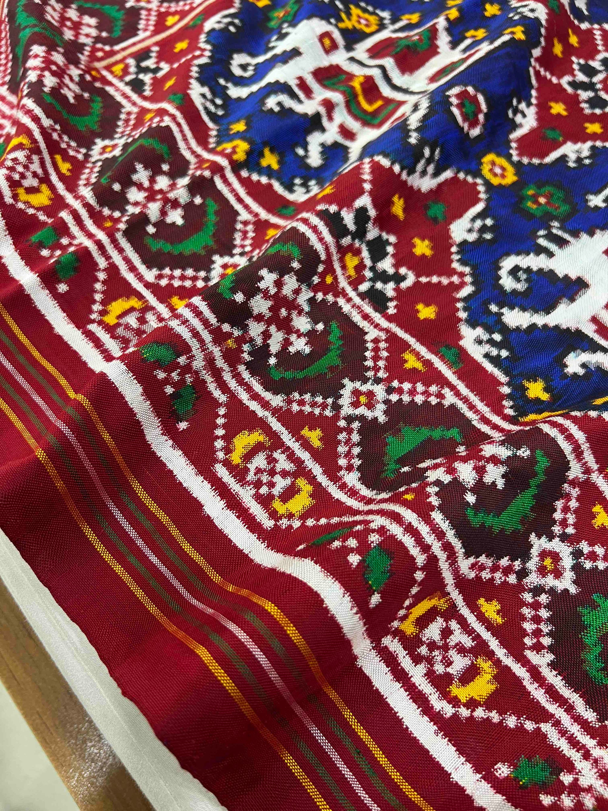 Blue & Red Chabdi Elephent Design Pure Hand Woven Double Ikat Patola Silk Saree