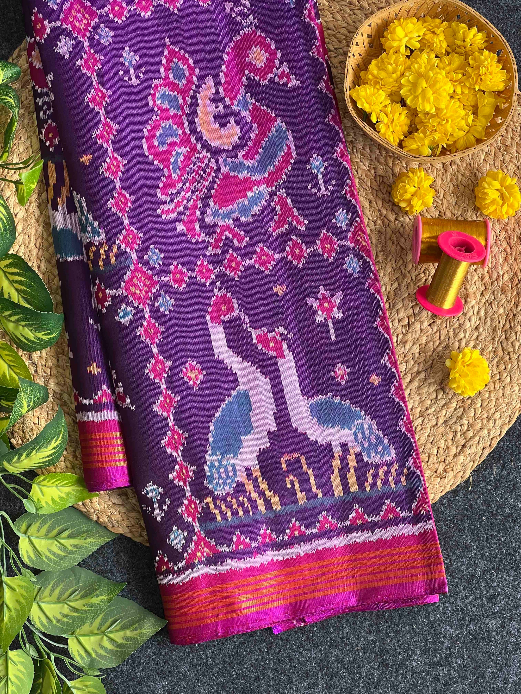 Purple Big Motifs Design Hand Woven Rajkot Ikat Patola Silk Saree