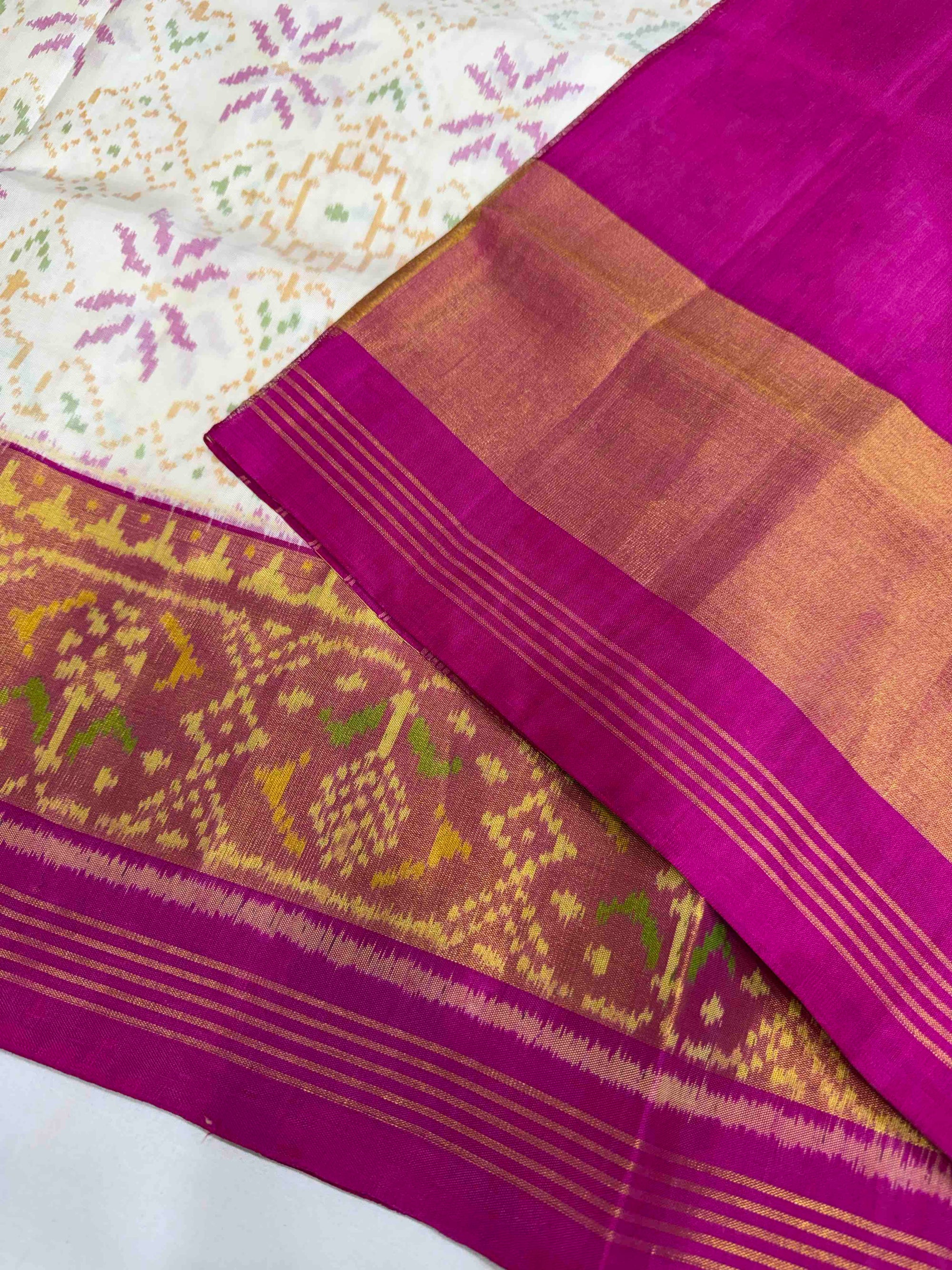 White With Pink Hand Woven Rajkot Patola Silk Saree