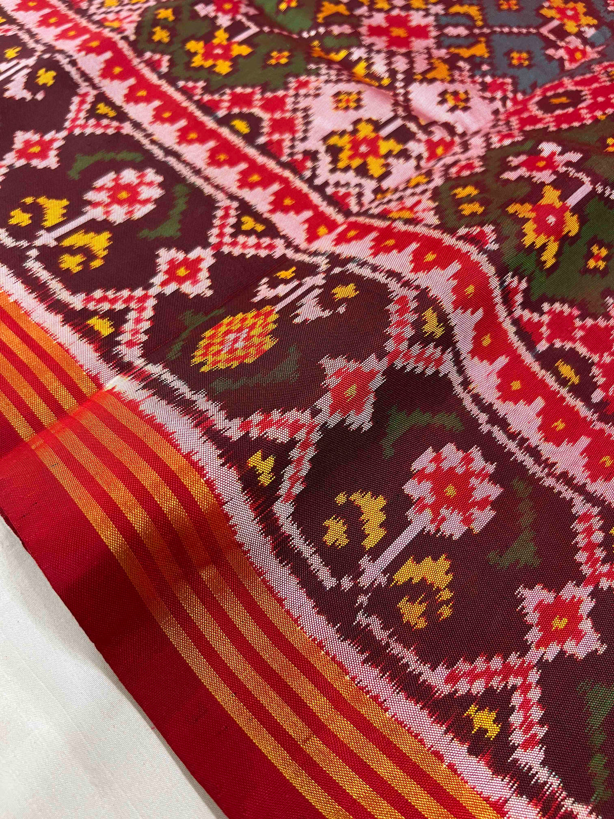 Multi Color Navratan Design Hand Woven Rajkot Ikat Patola Silk Saree